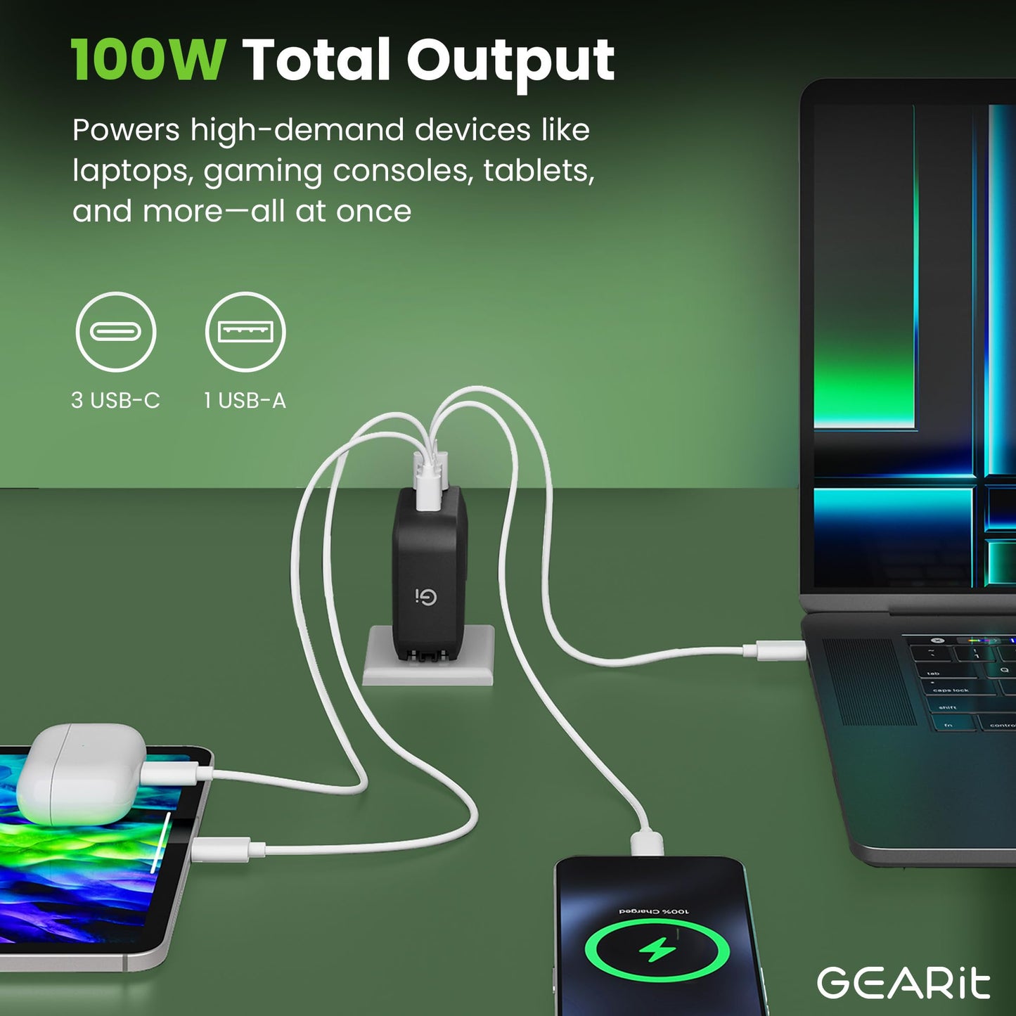 GEARit 100W USB C Charger Block - Fast Charging 4-Port GaN Wall Charger with PD 3.0 & PPS for Apple, Samsung, Dell XPS, MacBook Pro/Air, iPhone, iPad