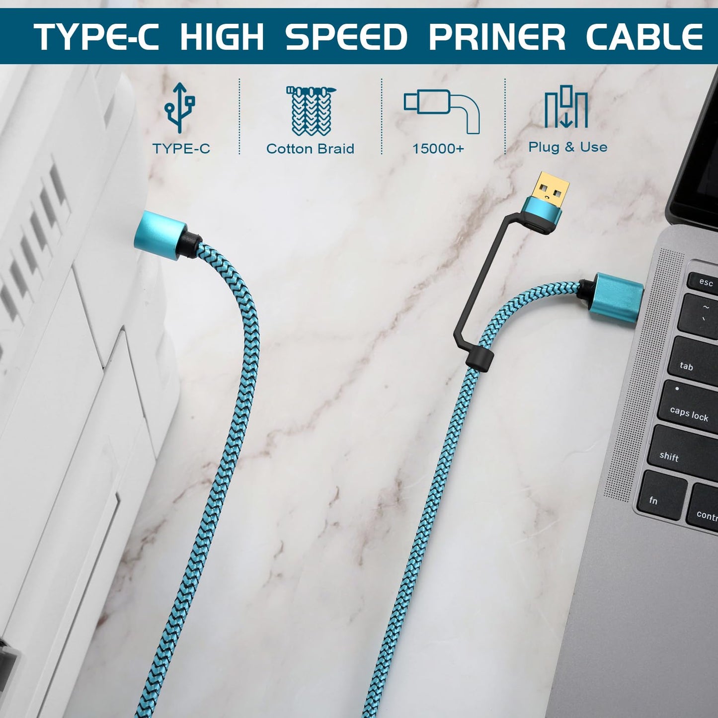 GGMTY Printer Cables 10Feet, USB C/A Printer Cable to USB Nylon Braided [Never Rupture] High-Speed [Plug and Play] ?Cord for HP, Canon, Epson,Dell
