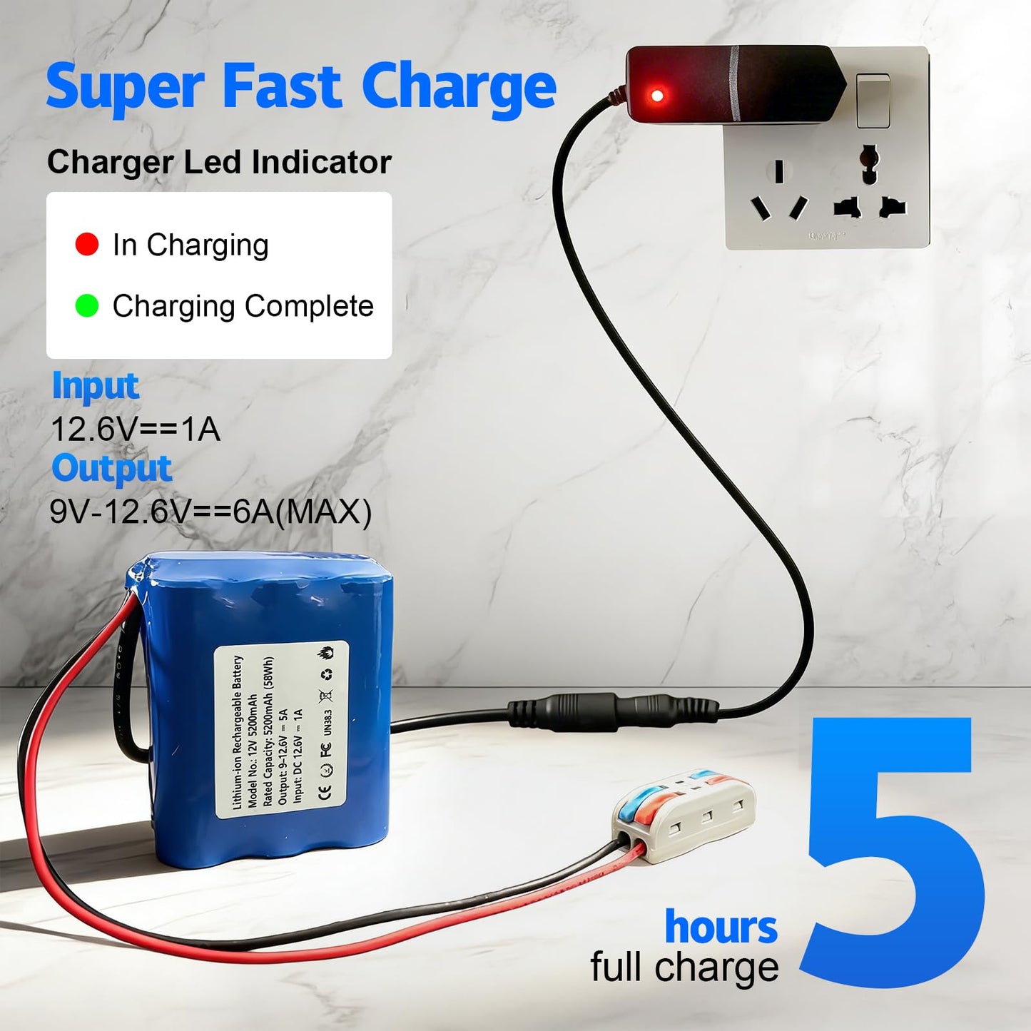 12V 5200mAh Rechargeable Li-ion Battery with Charger, Bare Leads Wire Battery Pack Perfect for DIY Project, Speakers, RC Car, Robot Toys, LED Light