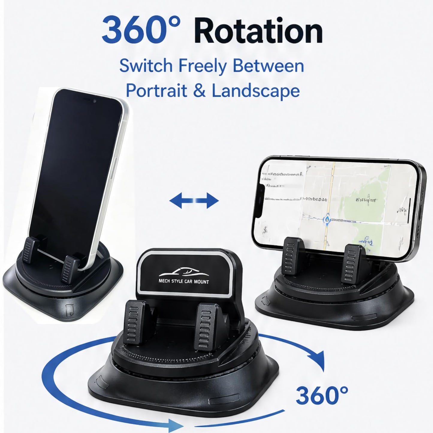 Longgue Dashboard Phone Holder with Adhesive Gel Pad, Anti-Slip Silicone Base & Spring Clip, 360° Rotation for Hands-Free Navigation, Compatible