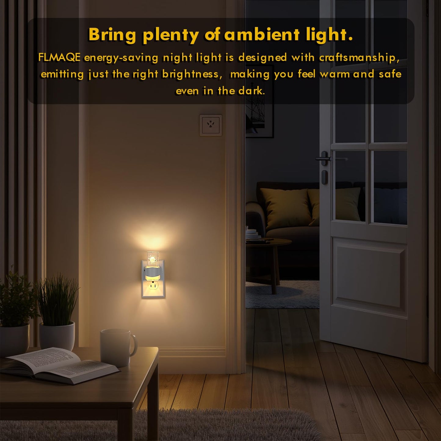 FLMAQE LED Night Light 2 Pack, Dimmable, Dusk to Dawn Sensor, 0-100 LM Adjustable Brightness, 3000K, Wall Mounted, Starry Sky Pattern Etched