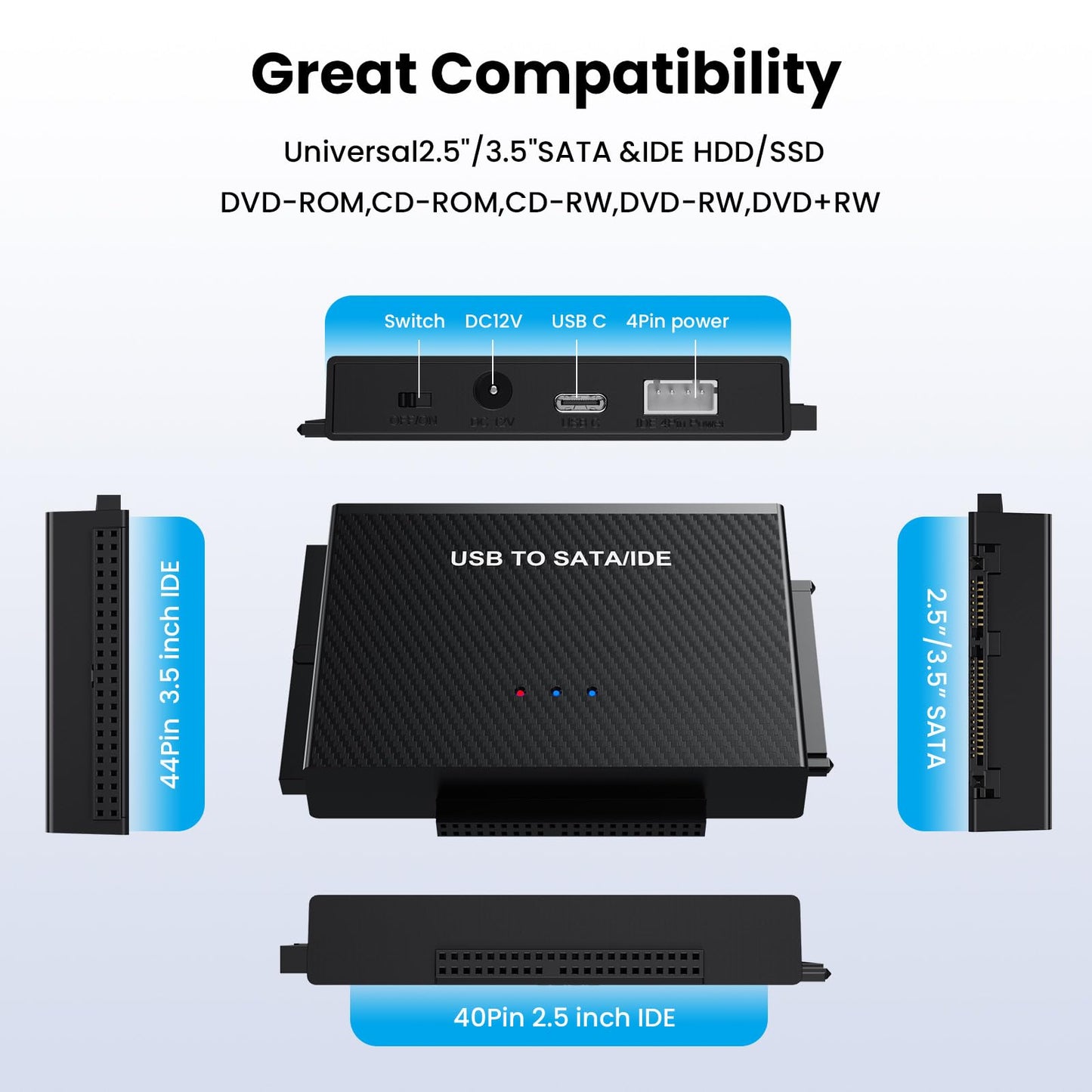 Hard Drive Reader USB 3.0 to SATA IDE Adapter, IDE SATA to USB + Type C External Hard Drive Adapter Data Recovery Converter Kit for Universal 2.5 3.5