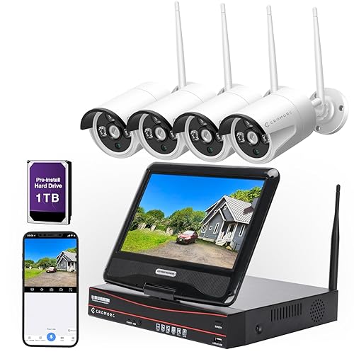 Cromorc 10CH Expandable Wireless Security Camera System with 10.1" Monitor 4pcs 5MP Indoor Outdoor Camera 1-Way Audio Night Vision Motion Detection