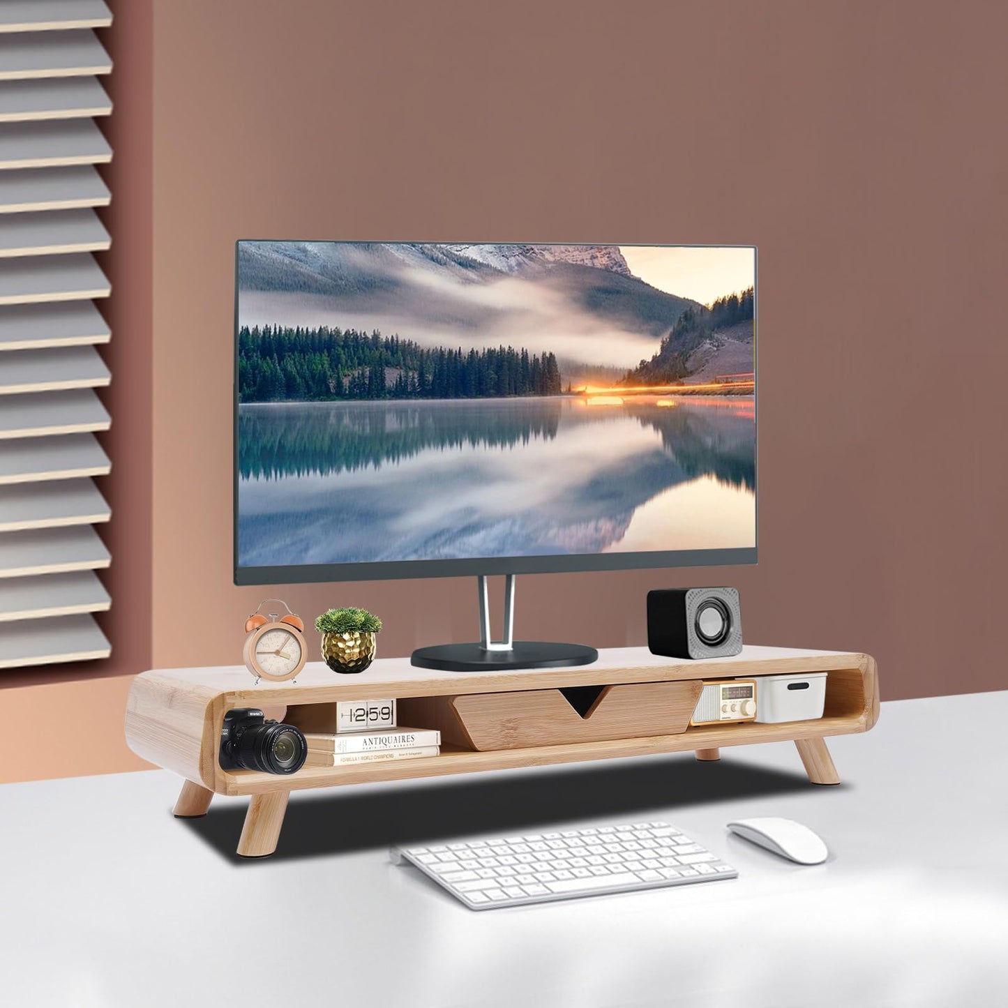 FFanhia Bamboo Monitor Stand Riser Exquisite Monitor Stand with Drawer Ergonomic Height Wood Monitor Stand, No Assembly Required