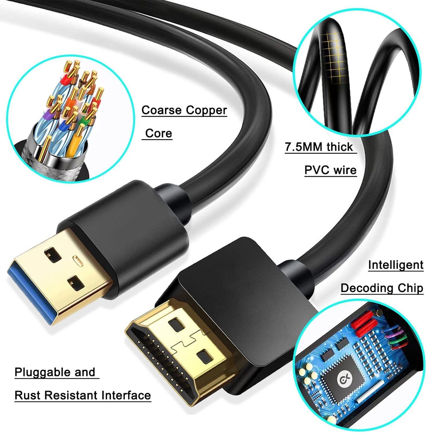 Jofnaylr USB to HDMI Adapter Cable 6.6FT, USB to HDMI Cable Male to Male Full 1080P HD Display Cable Audio Video Converter Cord for PC/Laptop