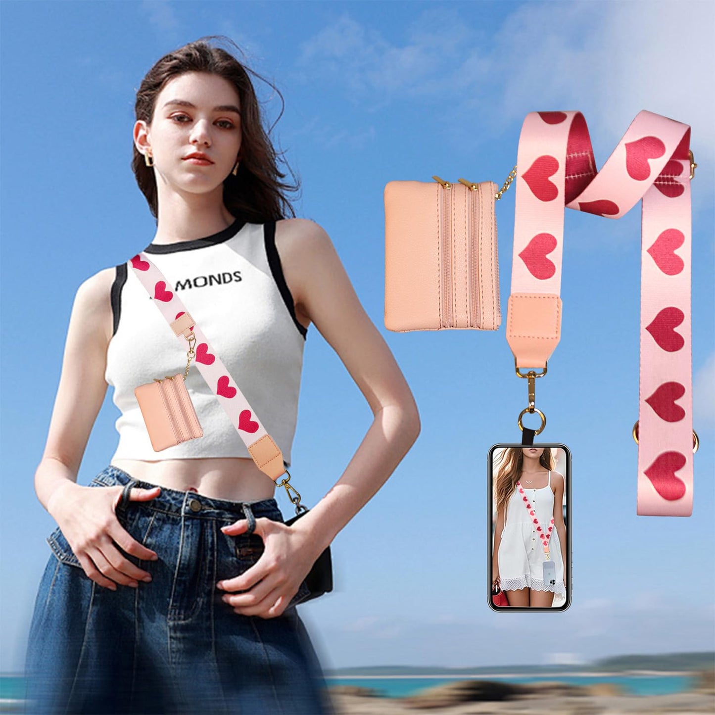 LIVLOV Clip and Go Strap for Phone with Zippered Wallet Crossbody, Extended Length Mobile Lanyard with Adjustable Phone Wristlet, Girls Go Strap
