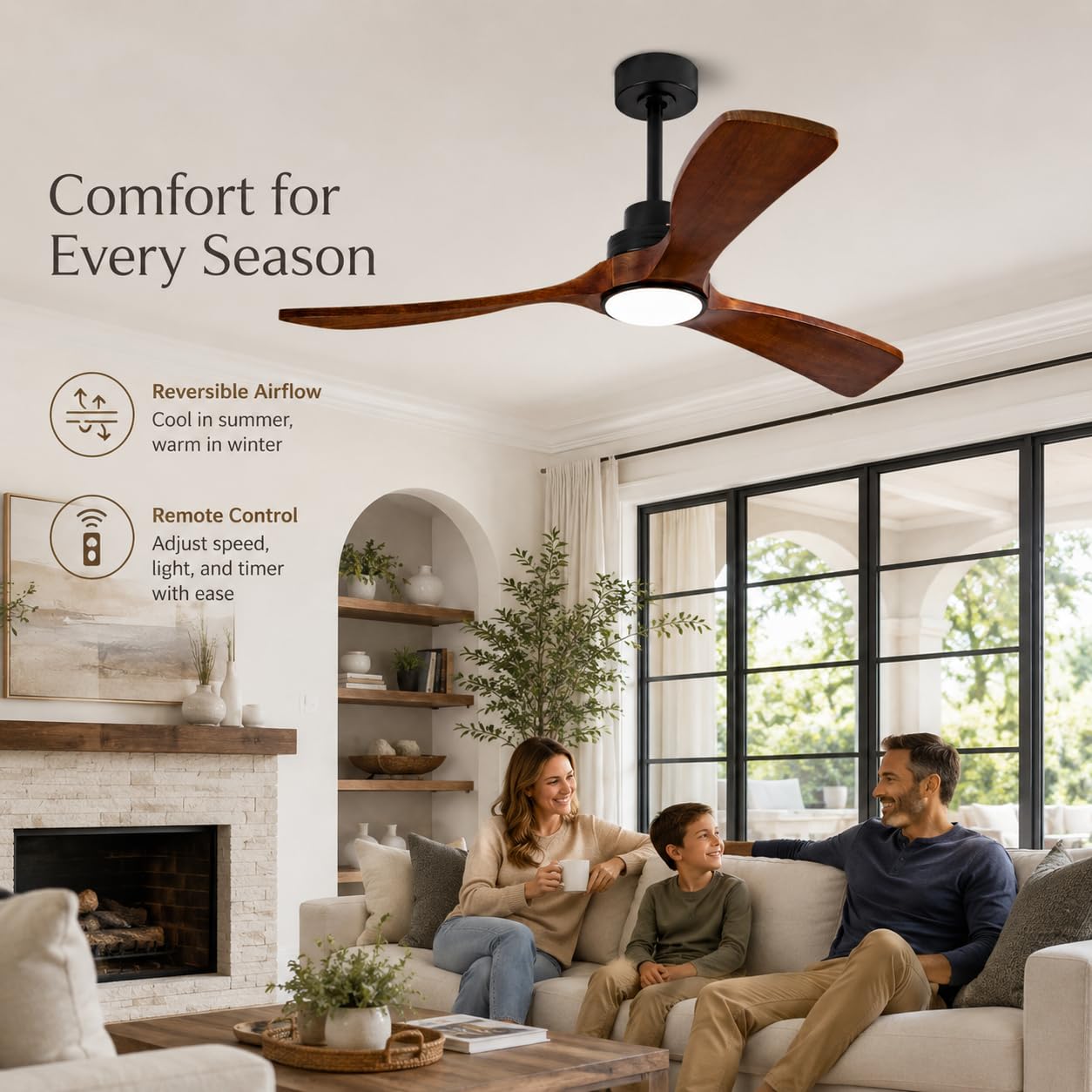 JC Sunjoy Ceiling Fan with Lights, 52 Inch Solid Wood 3 Blade Fan with Remote, Dimmable 3 CCT LED, Timer, 6 Speed Reversible DC Motor for Bedroom
