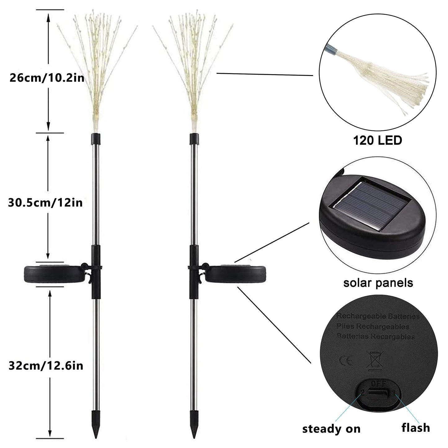 2 Pack Solar Garden Lights, 120 LED Solar Firework Lights Outdoor, Decorative Stake String Lights for Walkway Backyard Pathway Patio Christmas Wedding