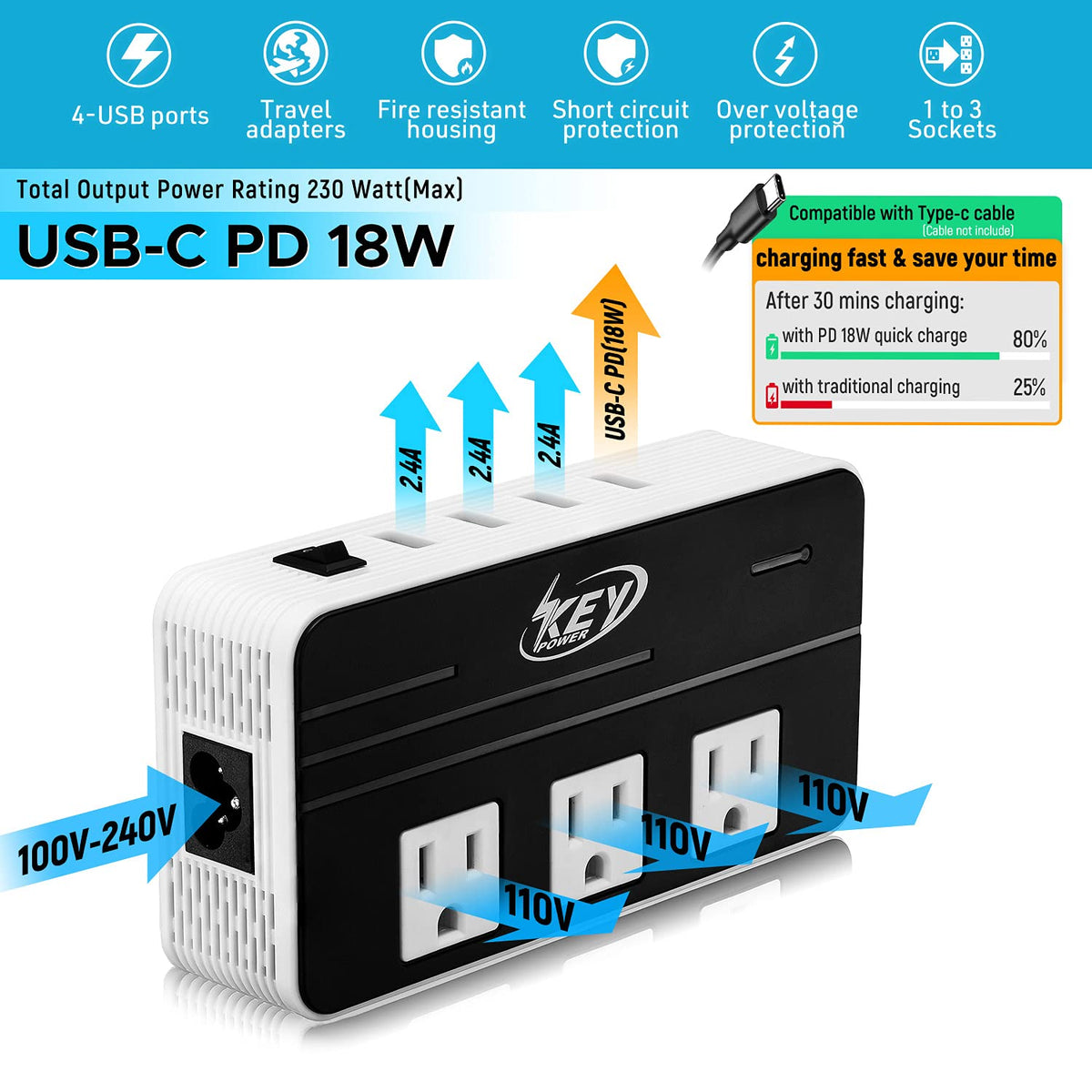 Key Power 230-Watt Step Down 220V to 110V Voltage Converter & International Travel Adapter/Power Converter with USB-C Port 18W - [Use for USA…
