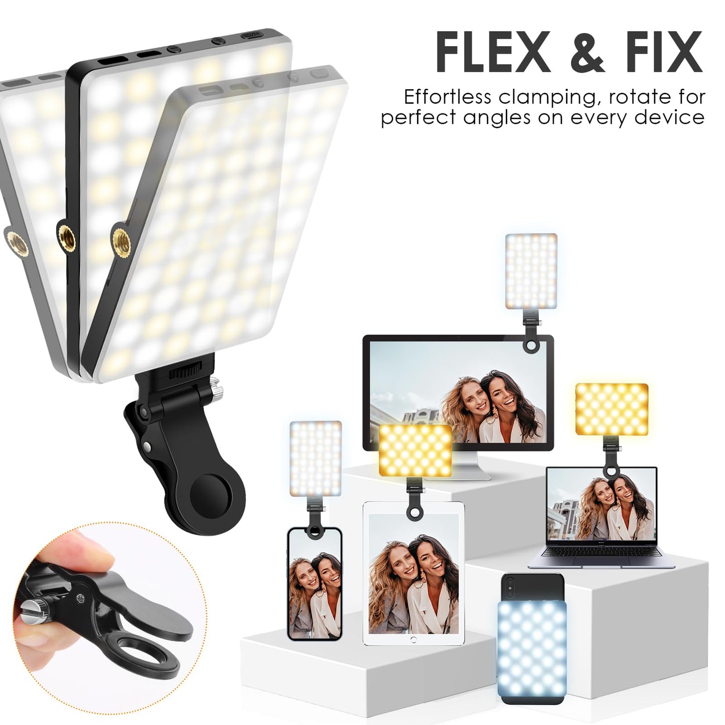 Selfie Light Portable Phone Light, Eagerey 60 LED Rechargeable Fill Lights with Front & Back Clip, CRI 95, 3 Modes, Clip on Lights for TikTok
