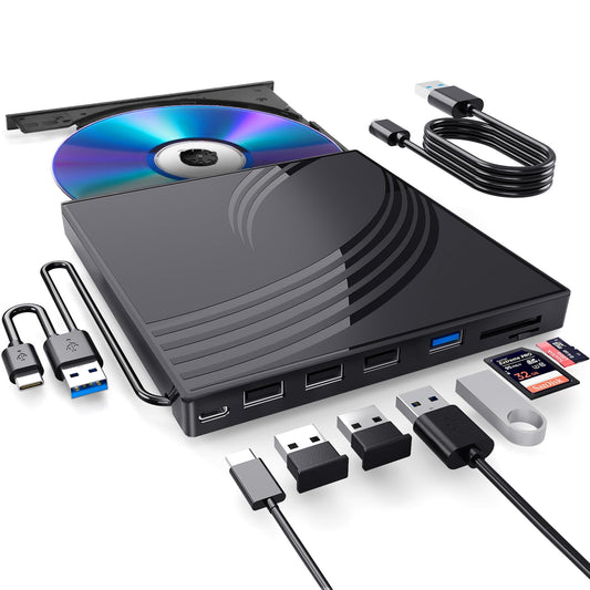BPAKDU External CD/DVD Drive for Laptop, Ultra Slim CD Burner USB 3.0 Hub with 4 USB Ports, 2 TF/SD Card Slots,1 Type-C Port,DVD Player for Laptop