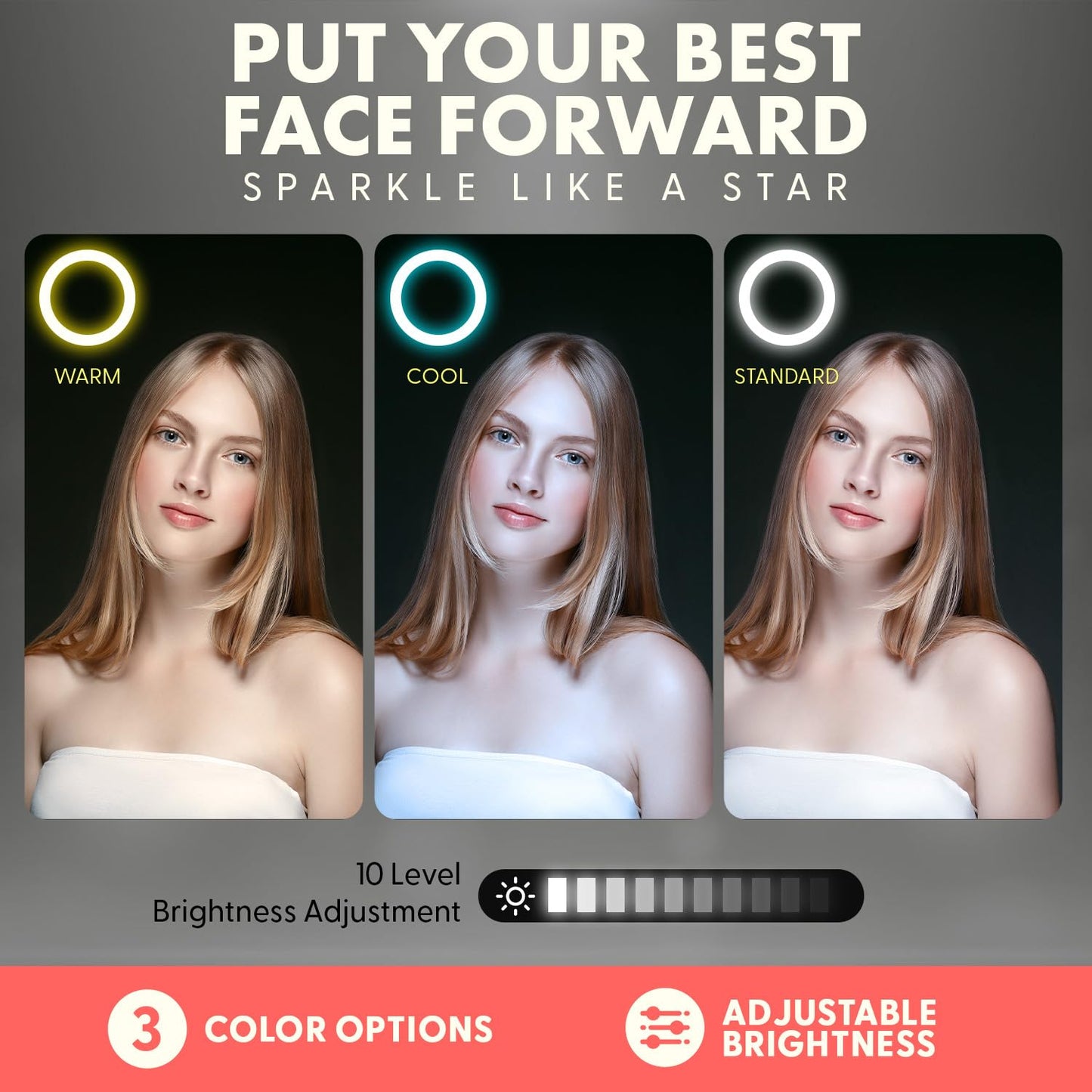 Squatz 11" Selfie Ring Light with 61" Tripod Stand, LED Ring Light with Phone Holder, Wired Control USB, 10 Brightness Levels, 3 Color Modes