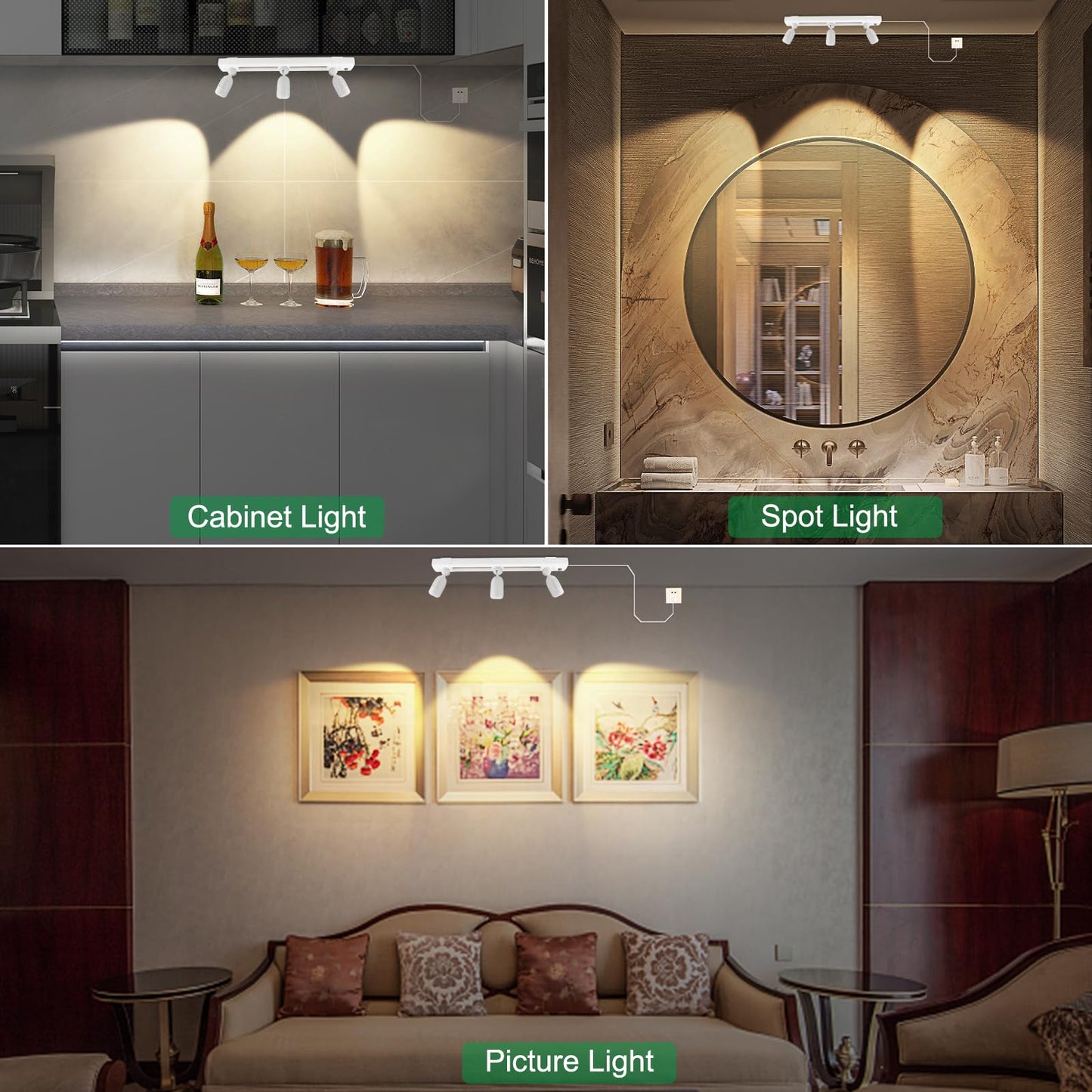 LUXSWAY LED Track Light Plug in Spotlight with Remote and 3 Adjustable Light Heads, Dimmable Under Cabinet Track Lighting for Indoor Artwork, Picture