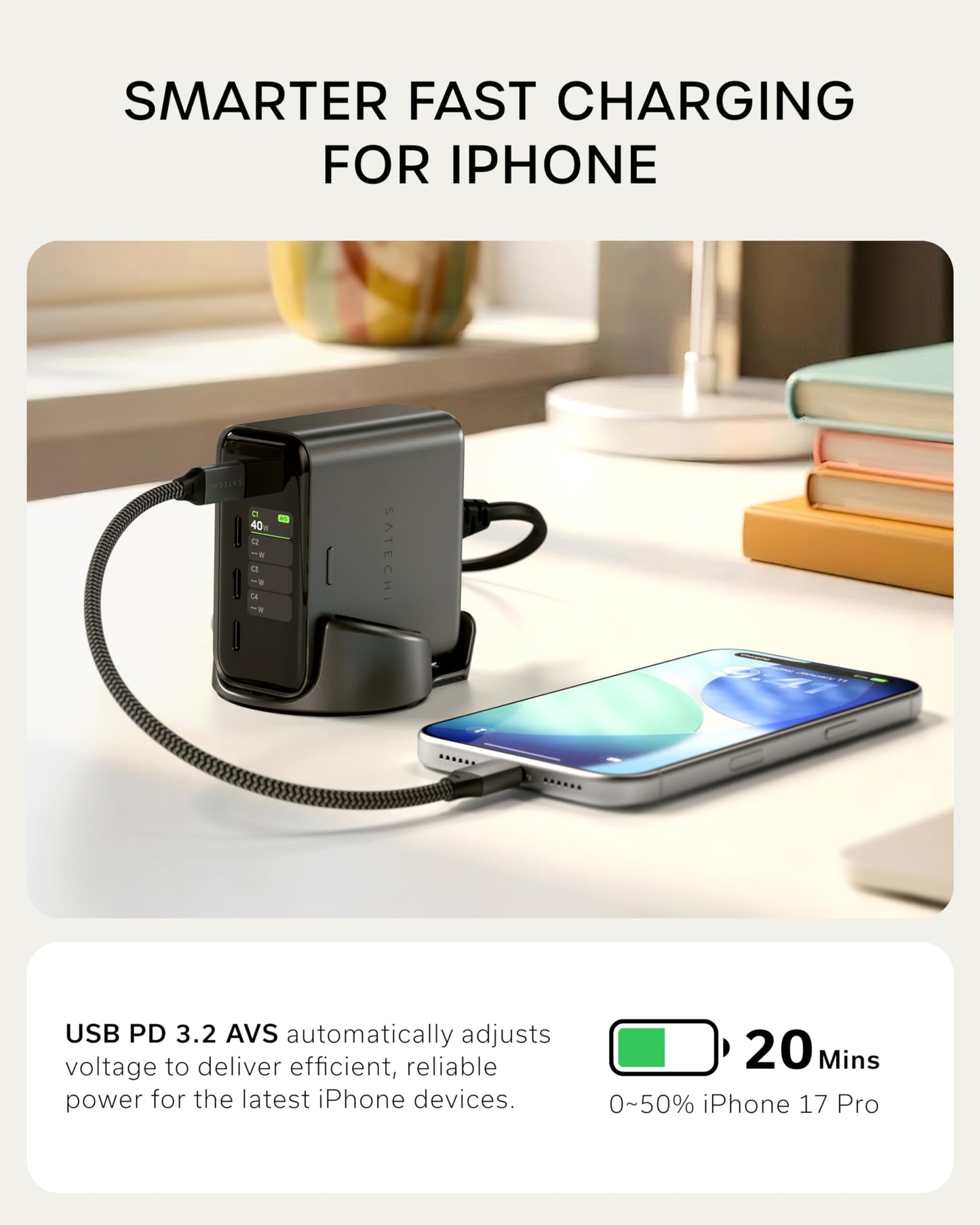 Satechi ChargeView™ 140W Desktop Charger, GaN Charging Station with Live Power Display, Four USB-C Ports, Designed for Modern Workspaces, Space Black