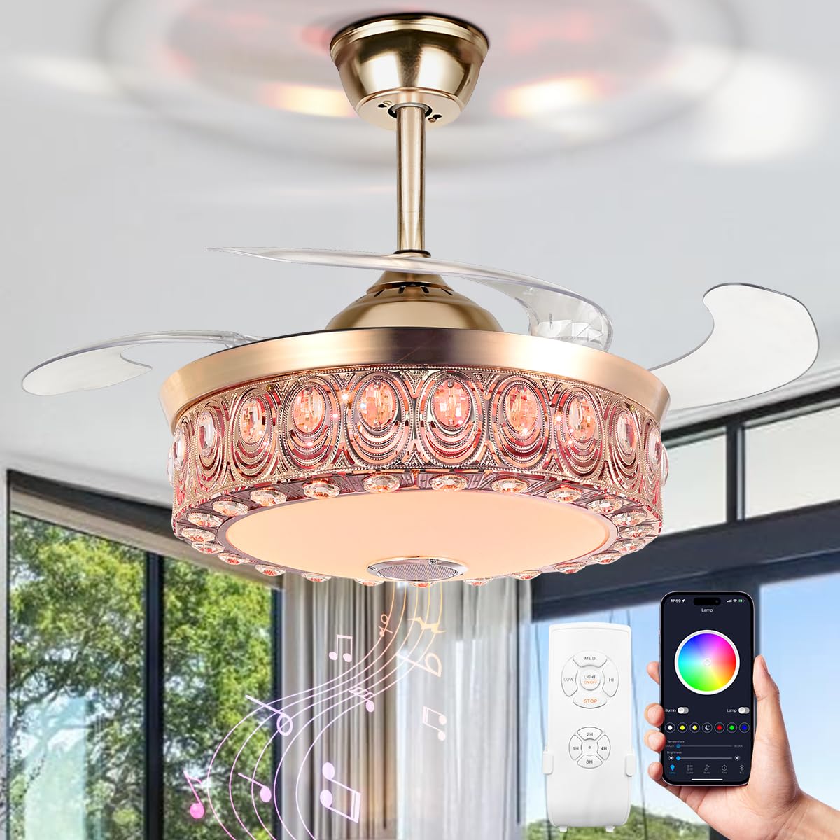A Million Modern Fandelier Ceiling Fan with Light and Remote, 42”Gold Retractable Chandelier Ceiling Fans with Bluetooth Speaker 3 Speeds RGB LED