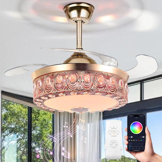 A Million Modern Fandelier Ceiling Fan with Light and Remote, 42”Gold Retractable Chandelier Ceiling Fans with Bluetooth Speaker 3 Speeds RGB LED