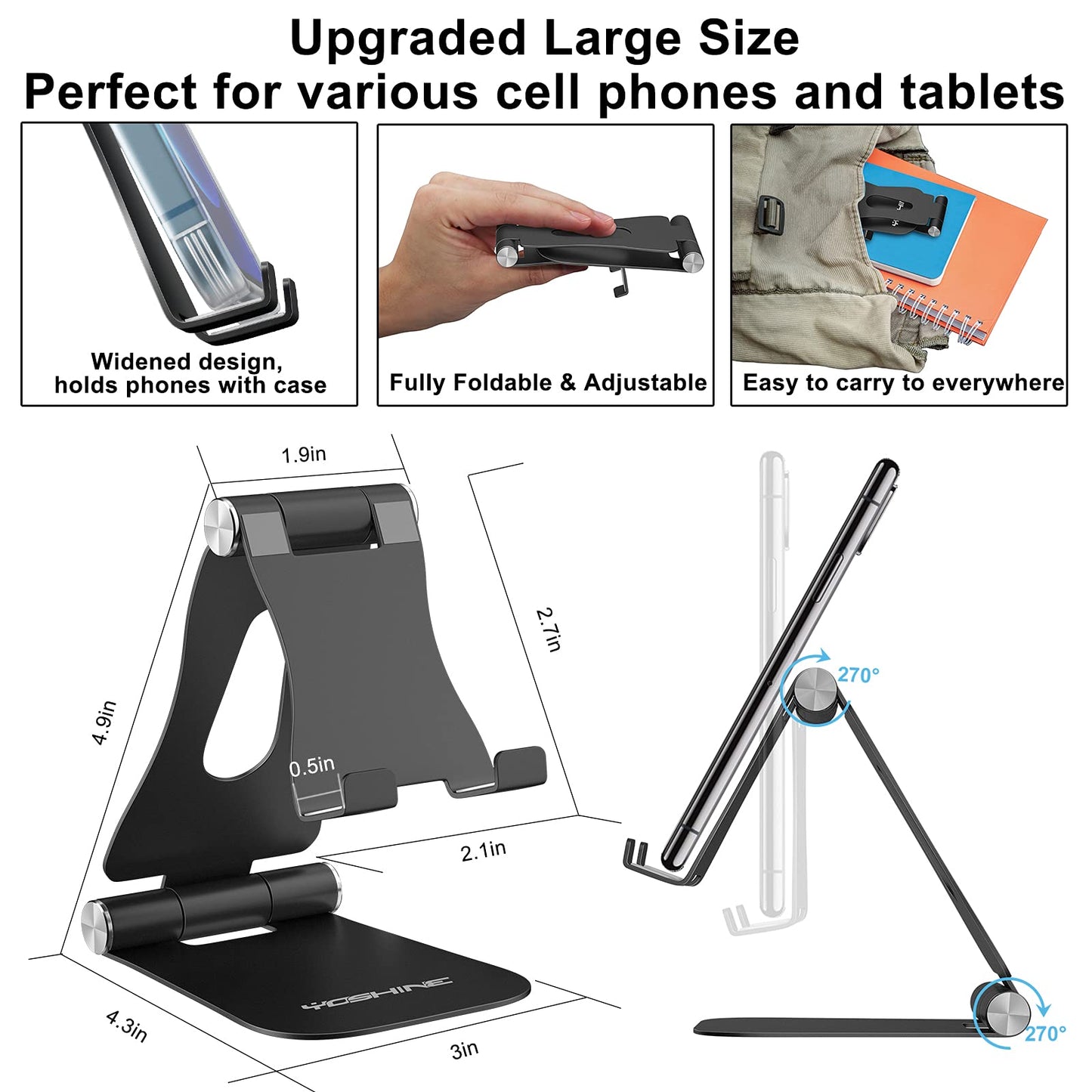 YOSHINE Cell Phone Stand, Upgraded Phone Stand for Desk, Adjustable Tablet Stand, Foldable Portable Aluminum Phone Holder, Cradle, Dock for All iPhone