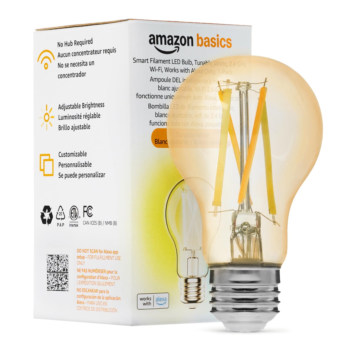 Amazon Basics A19 Smart Filament LED Bulb, Tunable White, 2.4 GHz Wi-Fi, Works with Alexa Only, 1-Pack