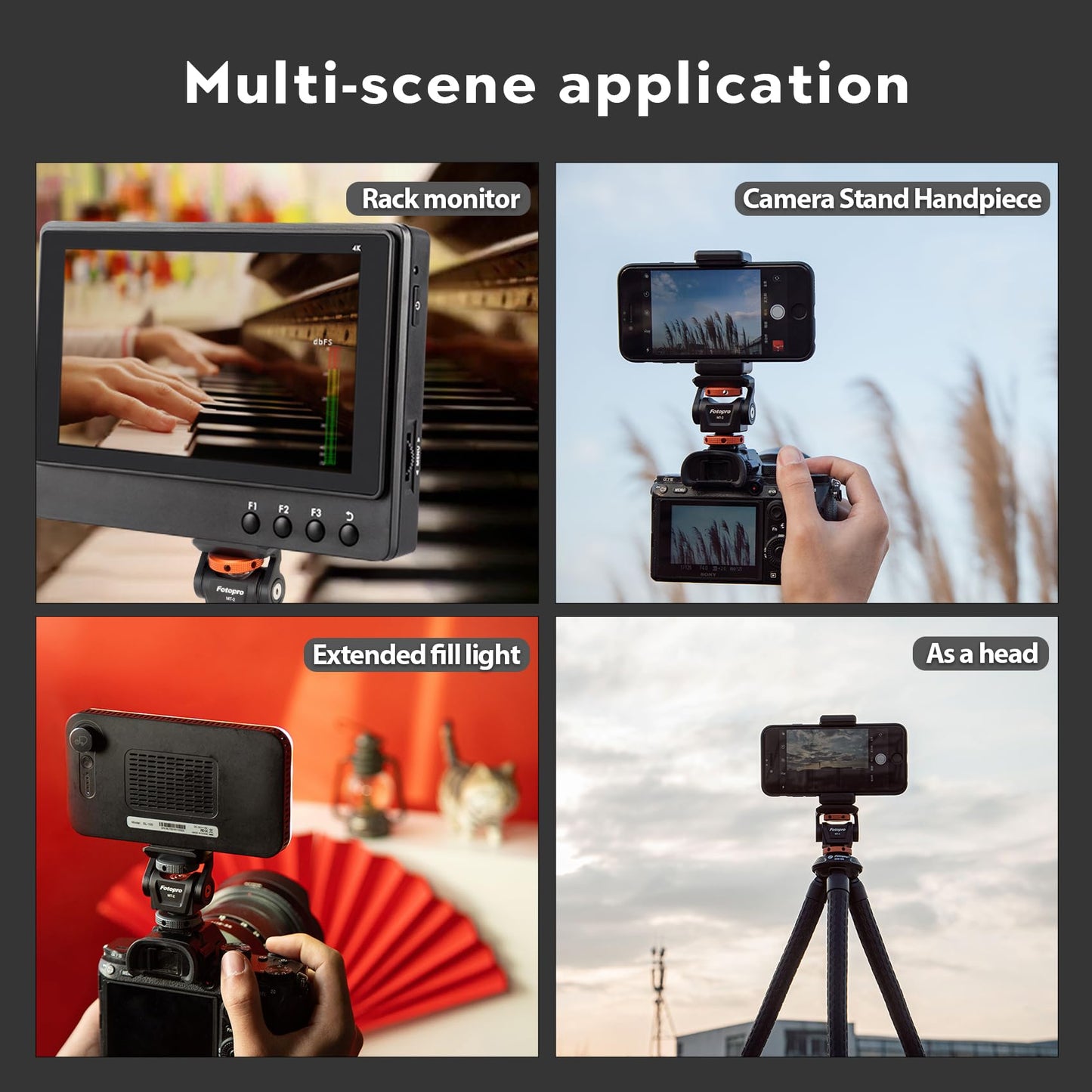 Fotopro Field Monitor Mount with Cold Shoe Support Camera Monitor Mount Holder Tilt 180 Degree and Swivel 360 Degree for 5/7 inch Grey
