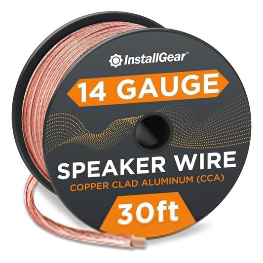 InstallGear 30ft 14 Gauge Speaker Wire - Clear Copper Wire for Car Audio, Home Theater, Surround Sound - Durable PVC Jacket - Easy Polarity ID