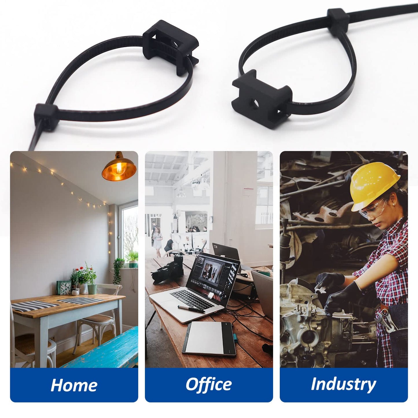 Cable Zip Tie Mounts Kit - 120 Set Wire Cable Clips Organizer Holders with 8" Cable Ties, Saddle Type Mounts Base and Tapping Screw, Black