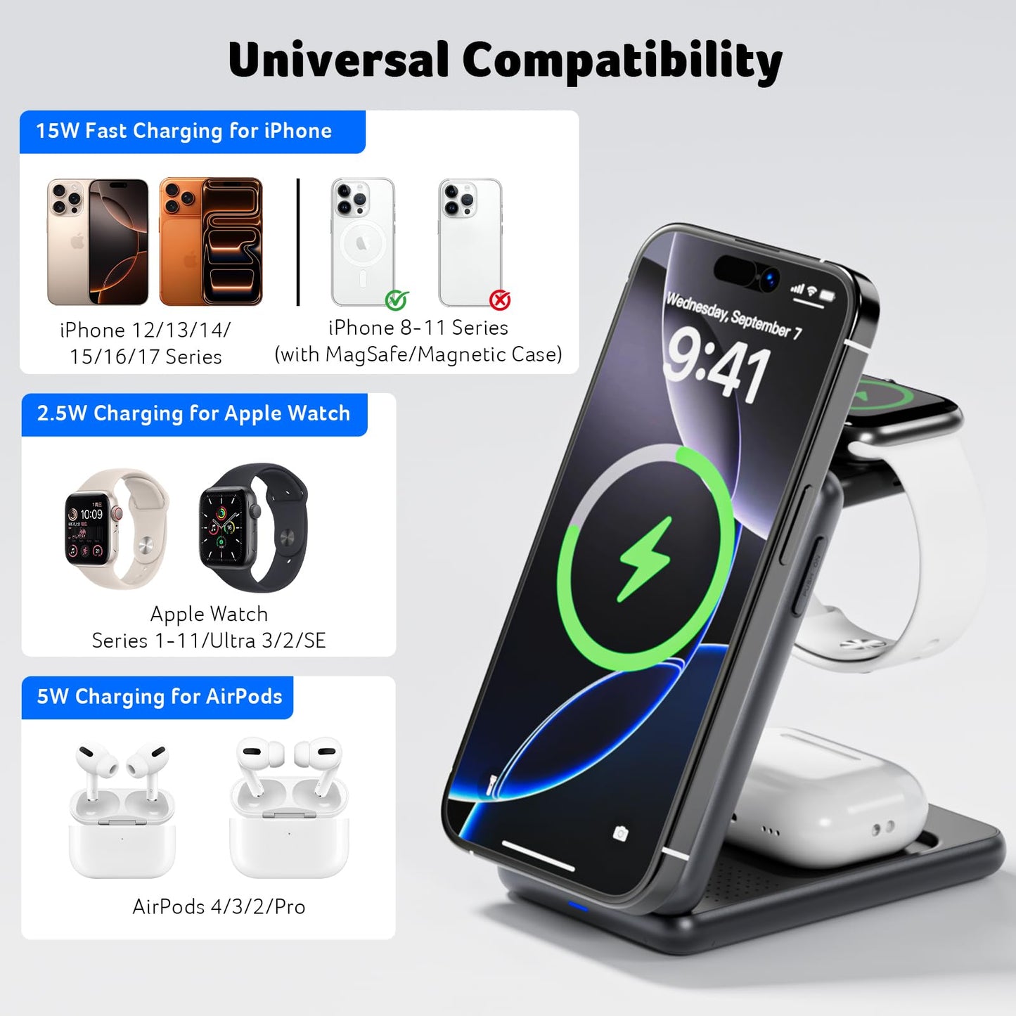 Acer 3 in 1 Charging Station for iPhone, Wireless Charger Stand,15W Fast MagSafe Charger for iPhone 17 16 15 14 13 12 Series-Apple Watch 11 10 9 8 7 6