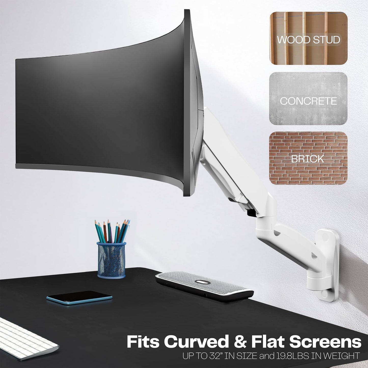 VIVO Single Monitor Counterbalance Wall Mount for 32 inch Screens up to 19.8 lbs, Full Motion, Max VESA 100x100, White, MOUNT-V001GW