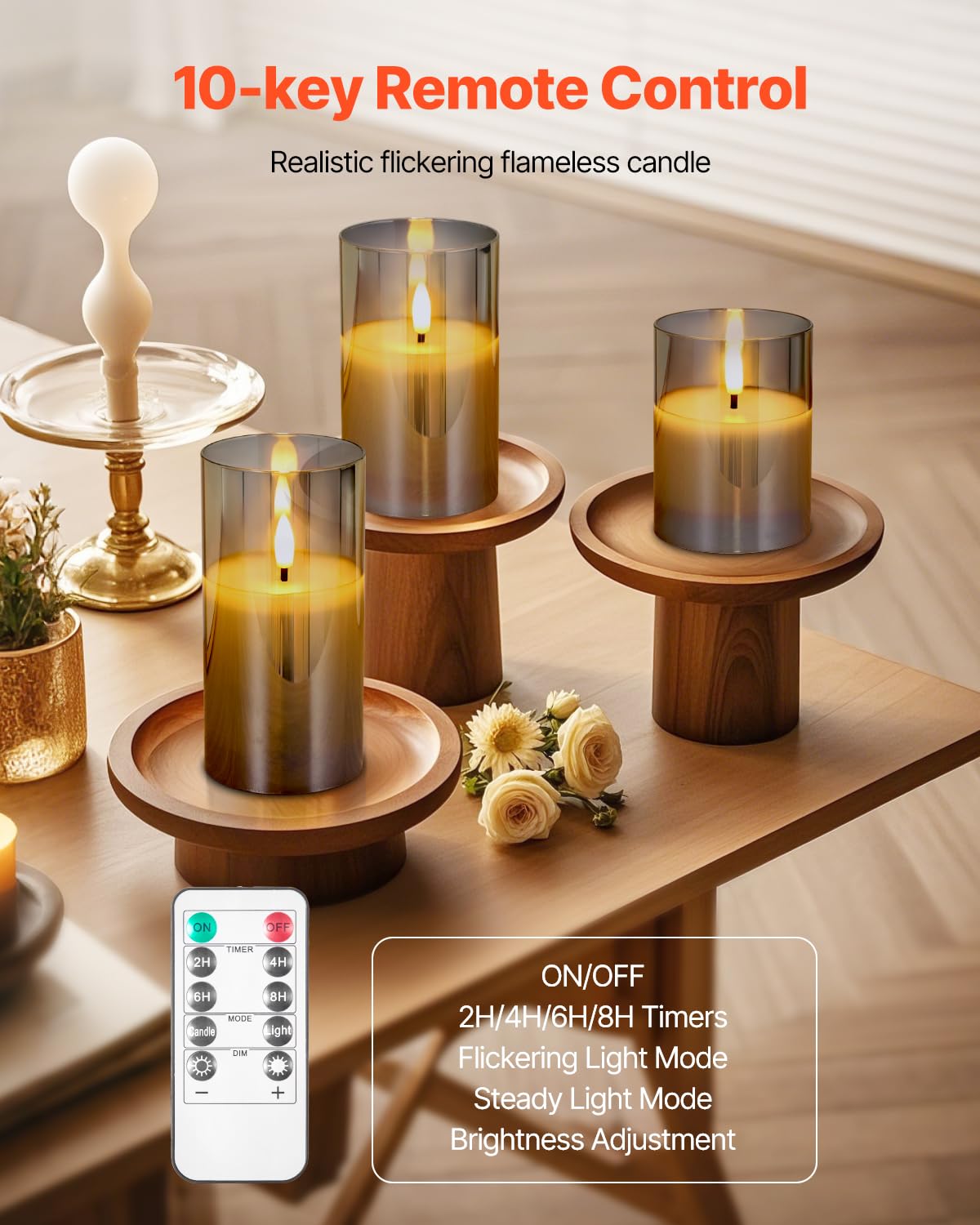 VEVOR Gray Flickering Flameless Candles, Set of 3 Battery Operated Flameless Led Candles with 10-Key Remote and Timer, Real Wax & Warm Color