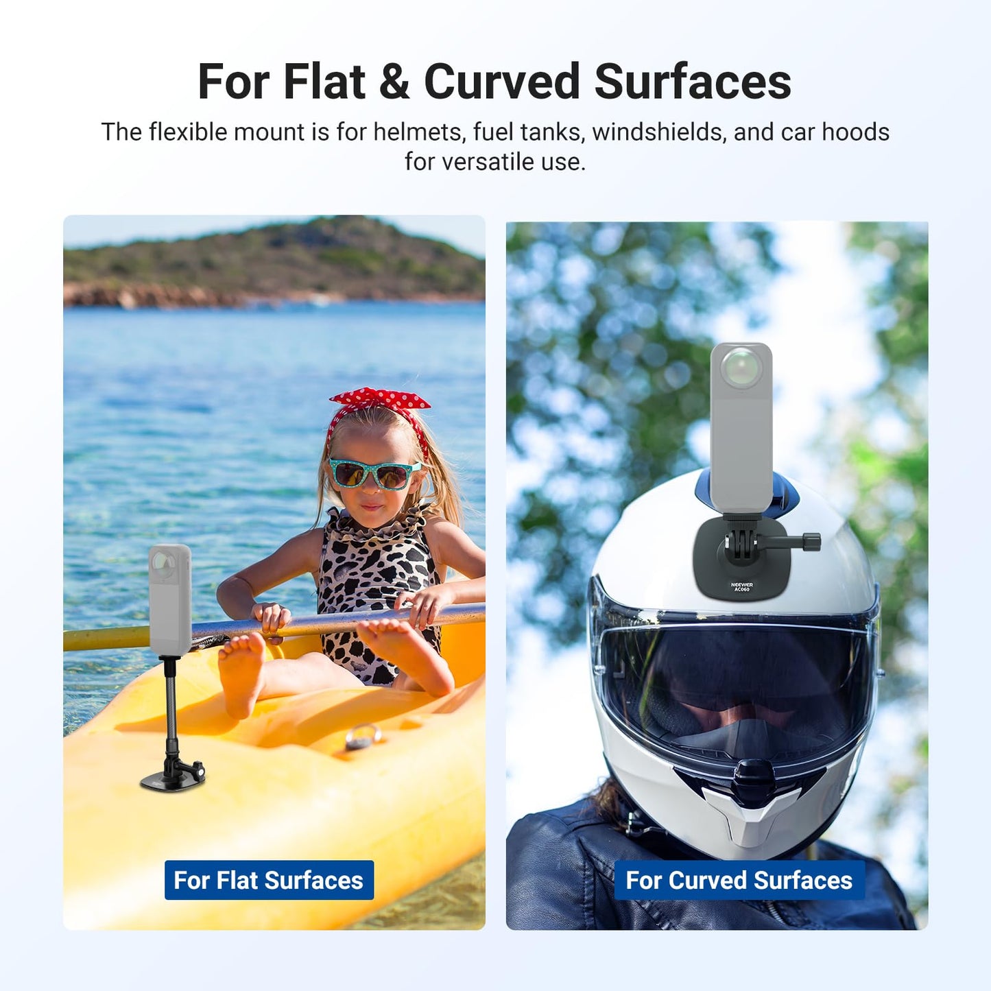 NEEWER Flexible Helmet Mount with Extension Pole Compatible with Insta 360 GoPro DJI, Adhesive Action Camera Holder Base Adapter for POV Video