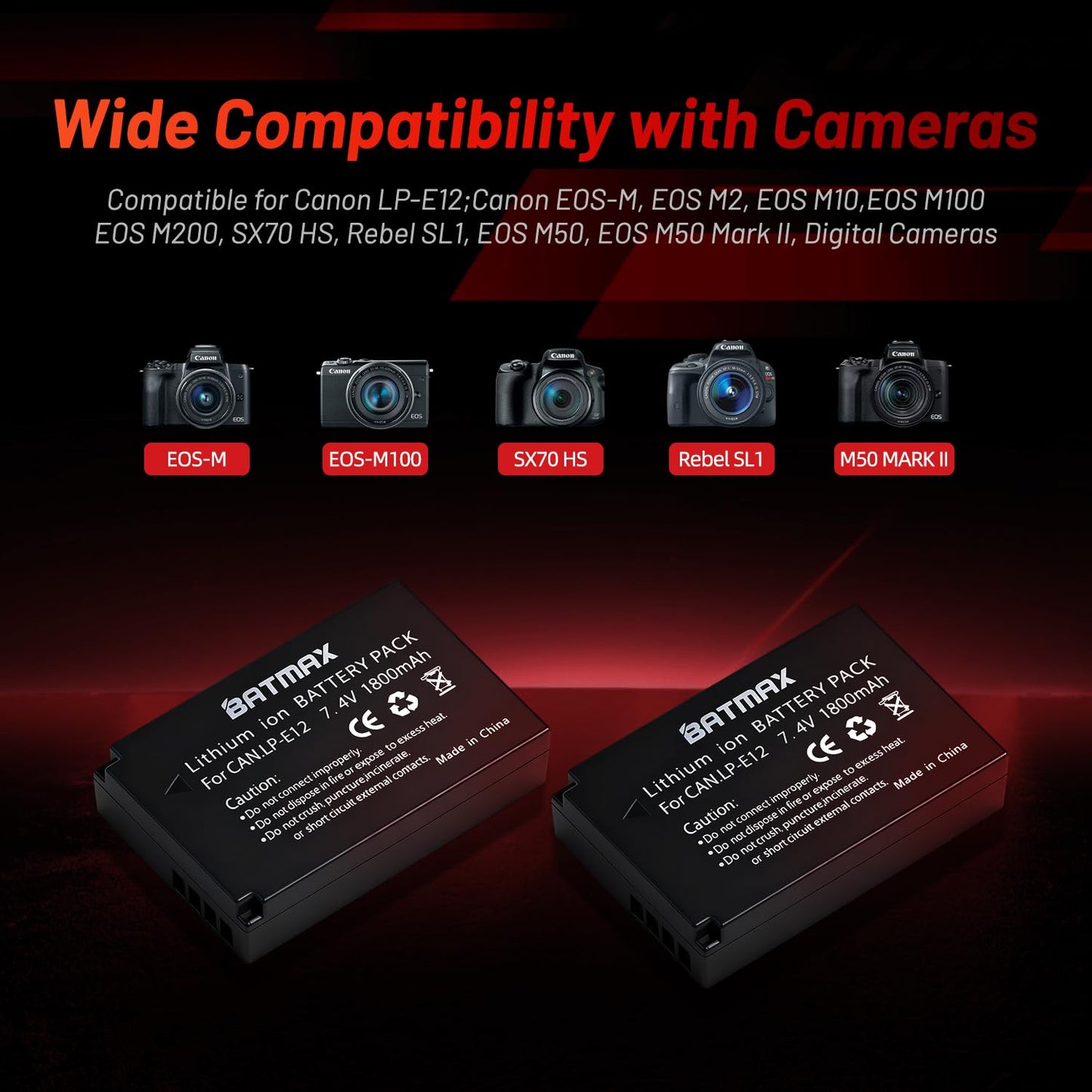 Batmax 2Pcs LP-E12 Battery + USB LCD Dual Charger with Type C Port for Canon EOS-M, EOS M2, EOS M10, EOS M100, EOS M200, SX70 HS, Rebel SL1, EOS M50