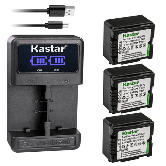Kastar 3-Pack VW-VBG070 Battery and LED2 USB Charger Compatible with Panasonic AG-HMC45A AG-HMC70 AG-HMC70U AG-HMC73MC AG-HMC80 AG-HMC83MC AG-HMC150