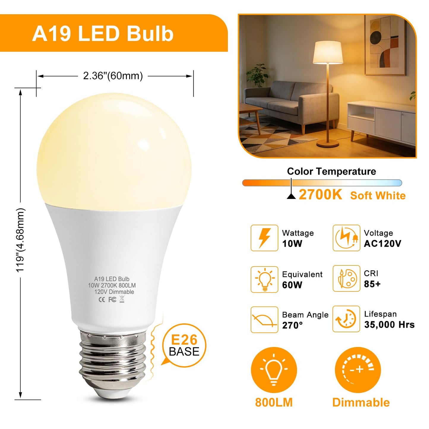 LEDBEFINE Dimmable LED Light Bulbs 60 Watt Soft White 2700K A19 Standard Light Bulb E26, Energy Efficient 10W 800 Lumens, 20,000 Hour