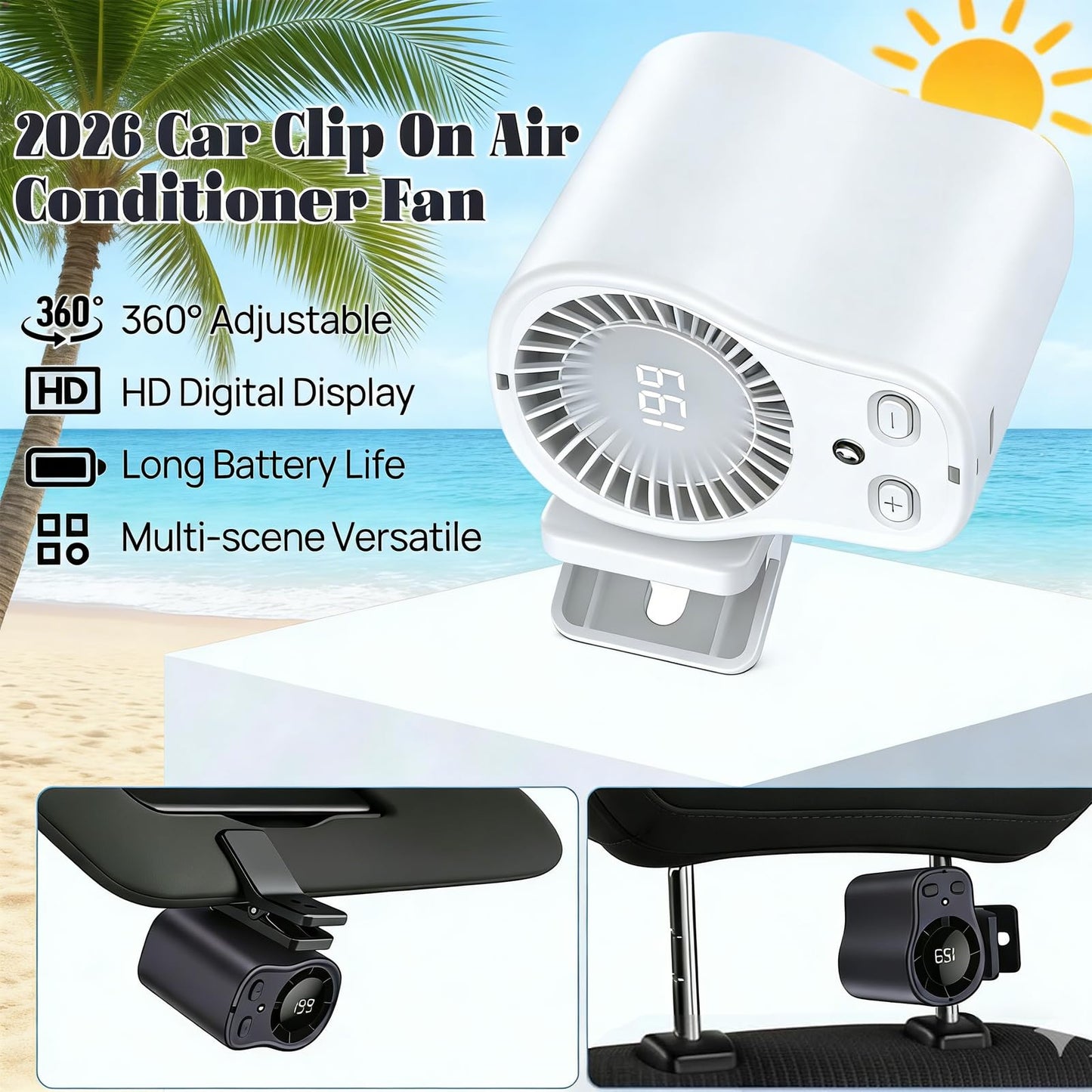 2026 Car Clip on Fan Air Conditioner with 199 Speeds, LED Display & 360° Rotation, 1500mAh Battery, 16°C Cooling, Wide Clip for Car Vent, Desk