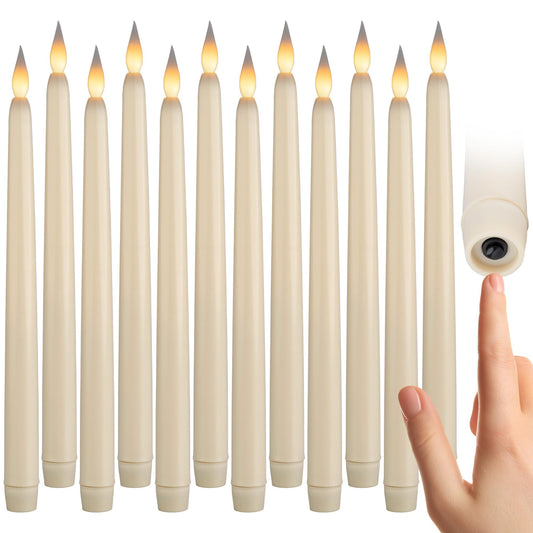 WYZworks 12 Pack, 11" Ivory Flameless LED Taper Flickering Candles Lights, Bottom On/Off Button (no Remote), Battery Operated Electric Long Tall