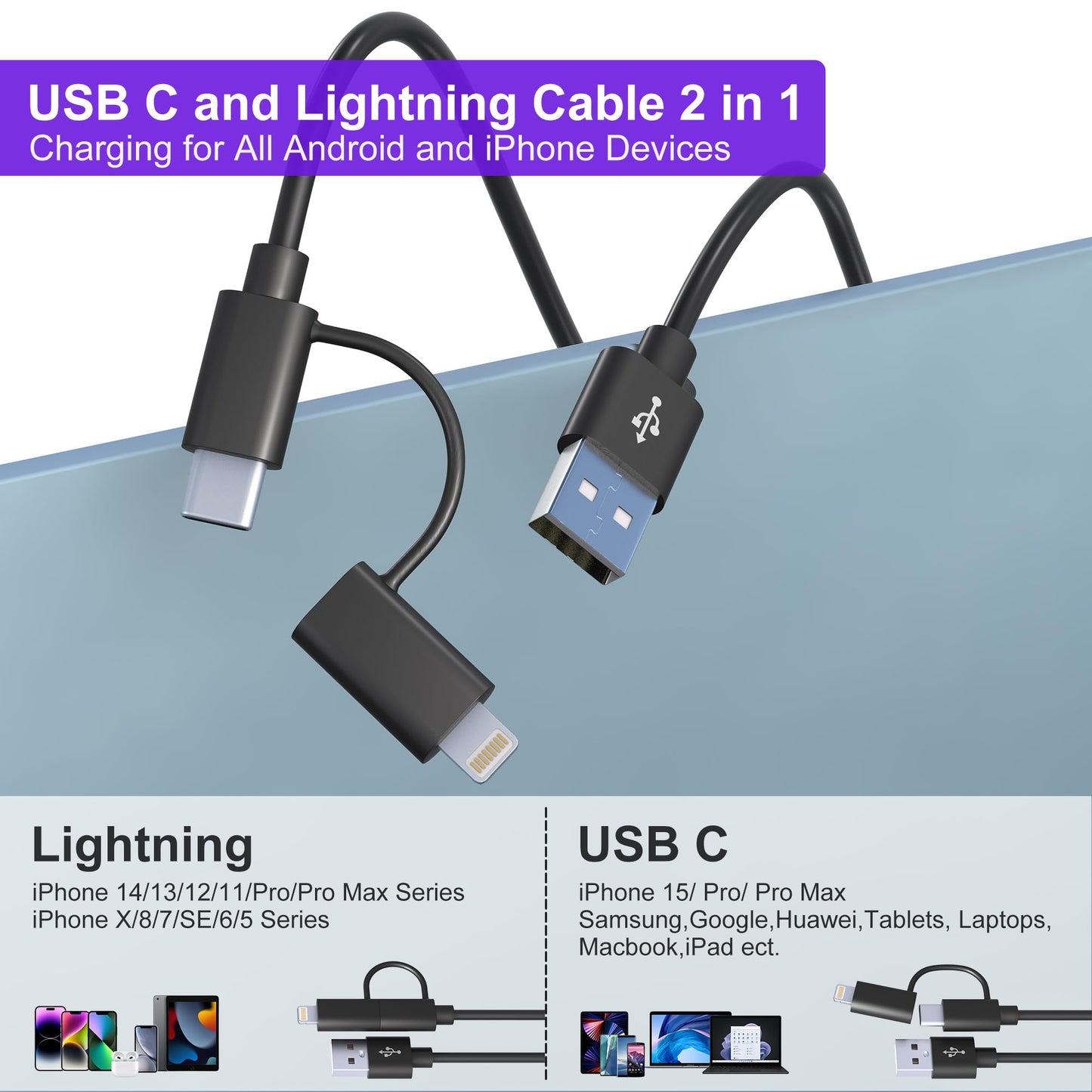 USB to USB C and Lightning Cable Combo 2 in 1 Coiled Cable Support Apple Carplay & Android Auto 3A Fast Charge Data Sync Short Curly Lightning…