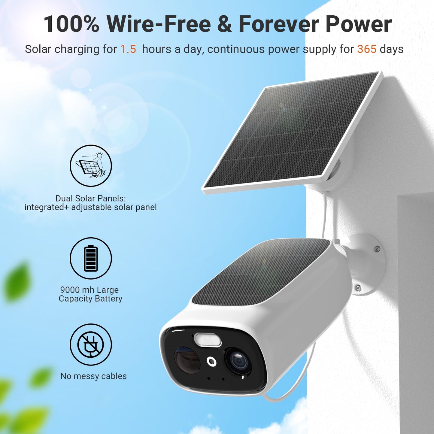 Rraycom 2.5K Solar Security Cameras Wireless Outdoor, 2.4/5Ghz WiFi Battery Solar Powered Security Camera System,Forever Power,Color Night Vision,AI
