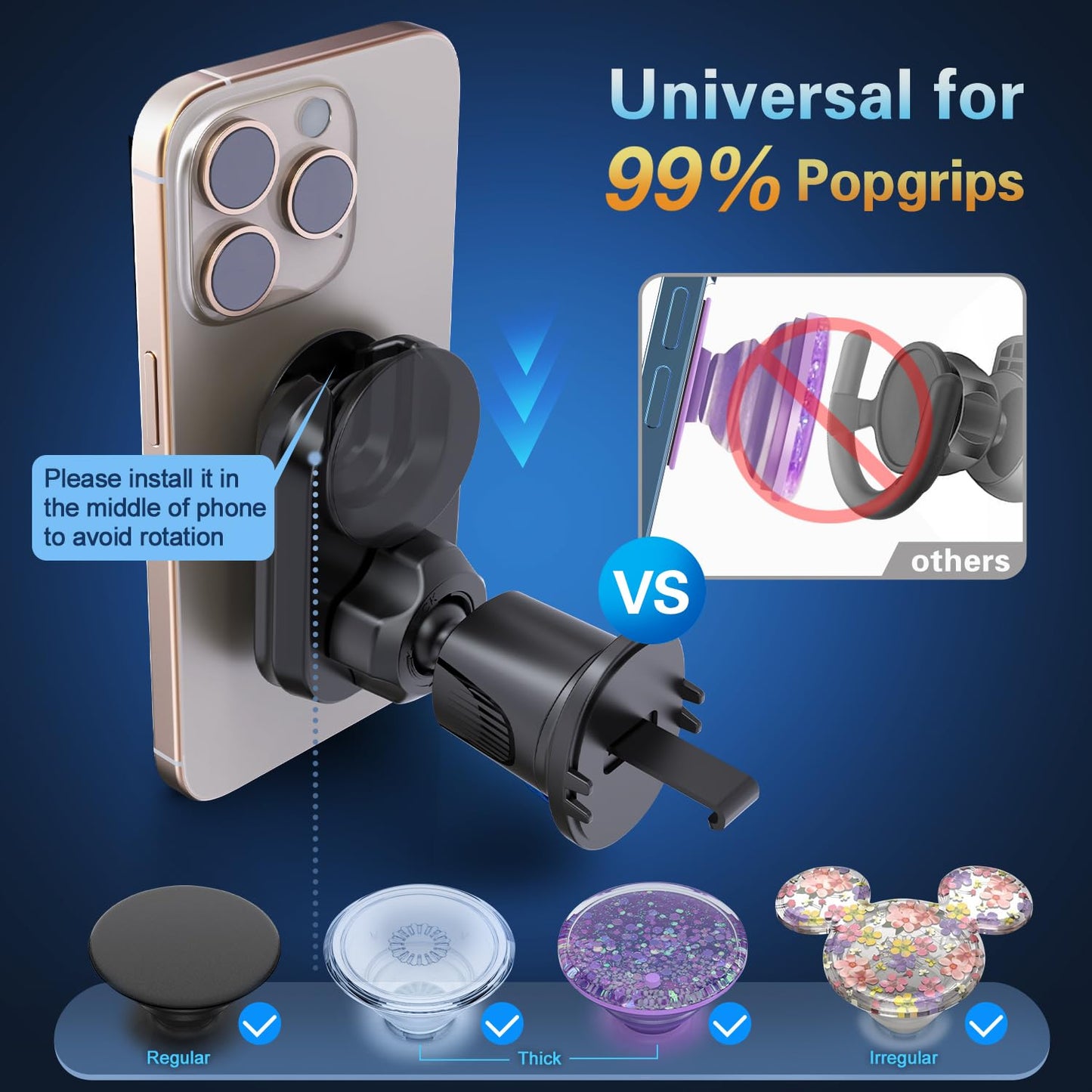 pop-tech Car Vent Phone Mount for Thick Socket Grip, Air Vent Clip Phone Holder Compatible with Magsafe Wallet Black & iPhone Samsung Card Holder