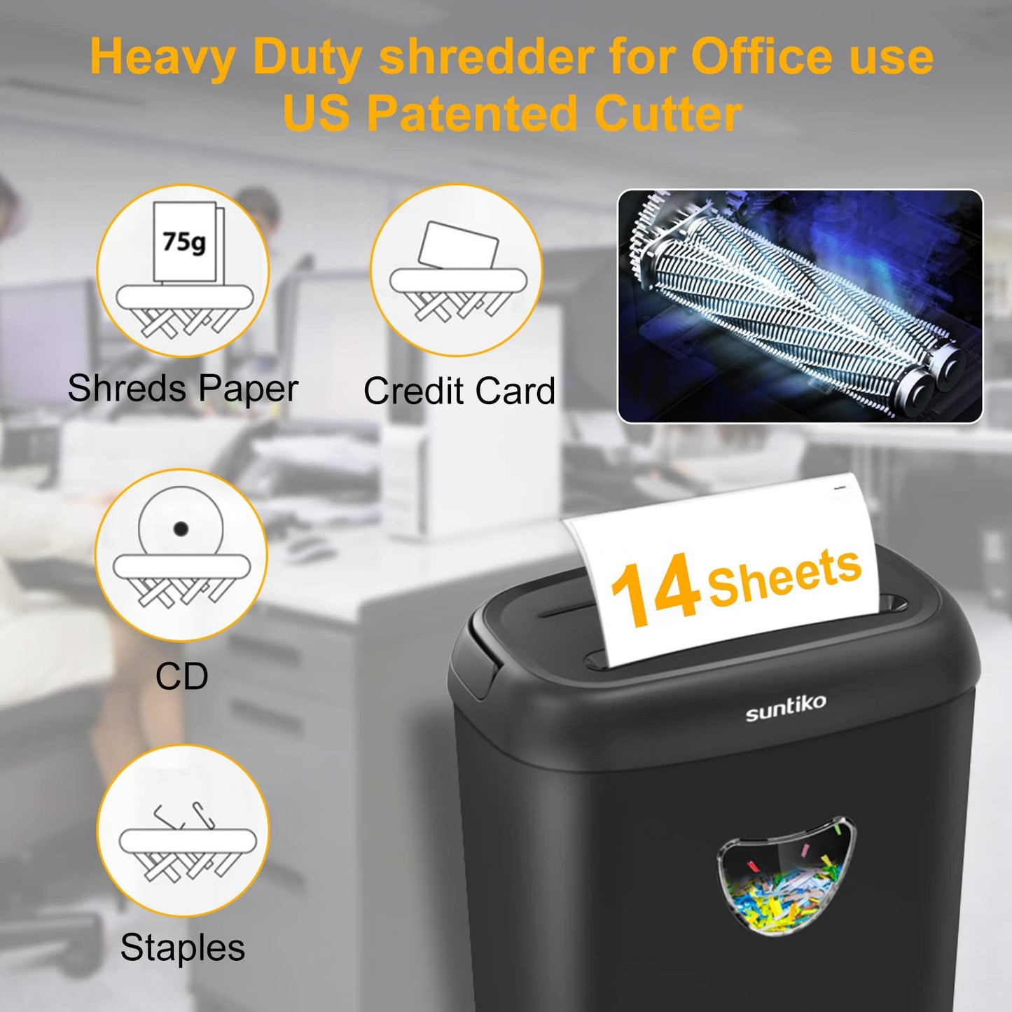 Suntiko 14 Sheet Cross Cut Paper Shredder for Home Office Use with P-4 High Security and 6.6 Gallon Bin for Credit Cards CDs or Staples ETL Certified
