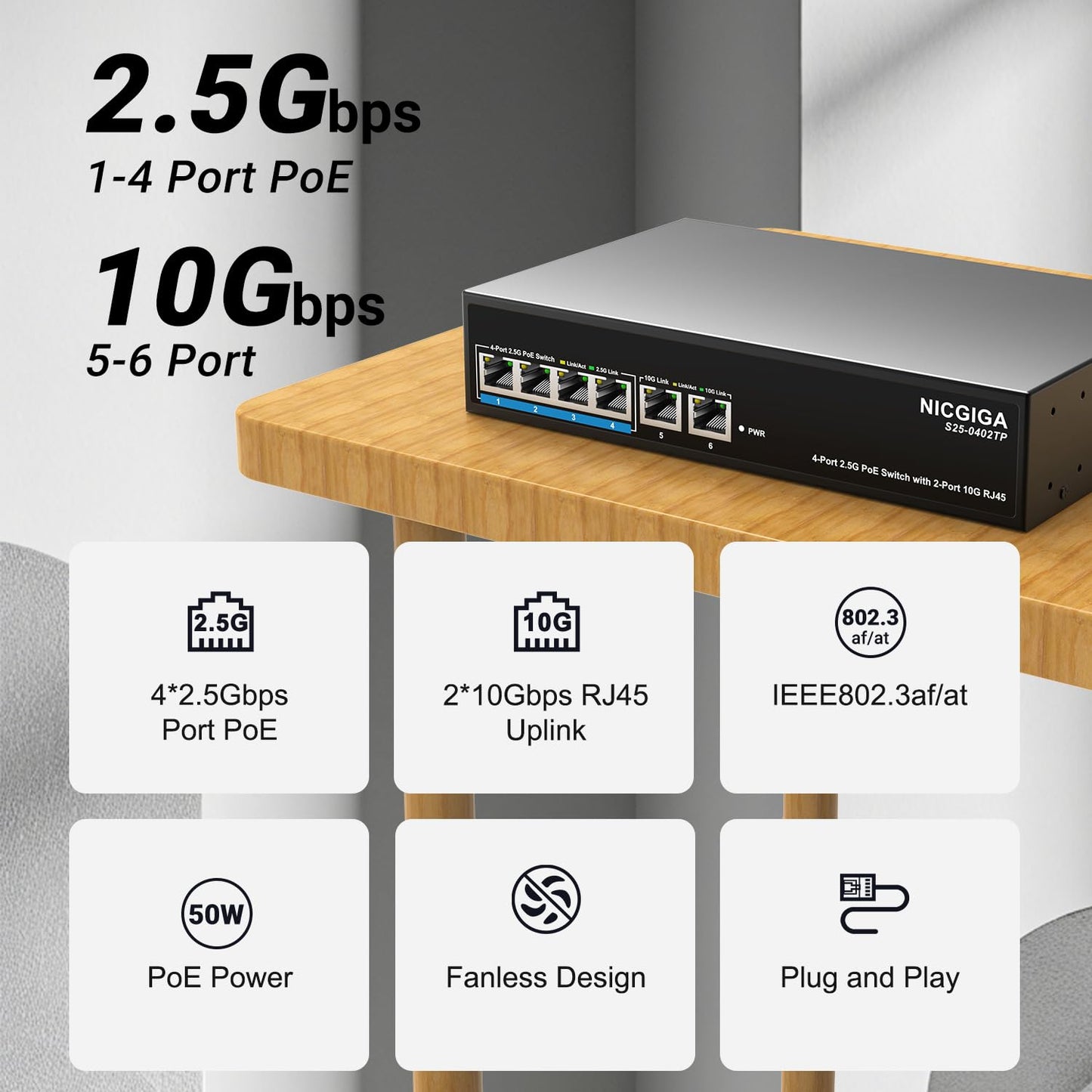 6 Port 2.5Gb PoE Switch Unmanaged with 4 Port 2.5G Base-T PoE+@65W + 2 x 10G RJ45 Uplink, NICGIGA 6 Port 2.5Gbe IEEE802.3af/at Power Over Ethernet