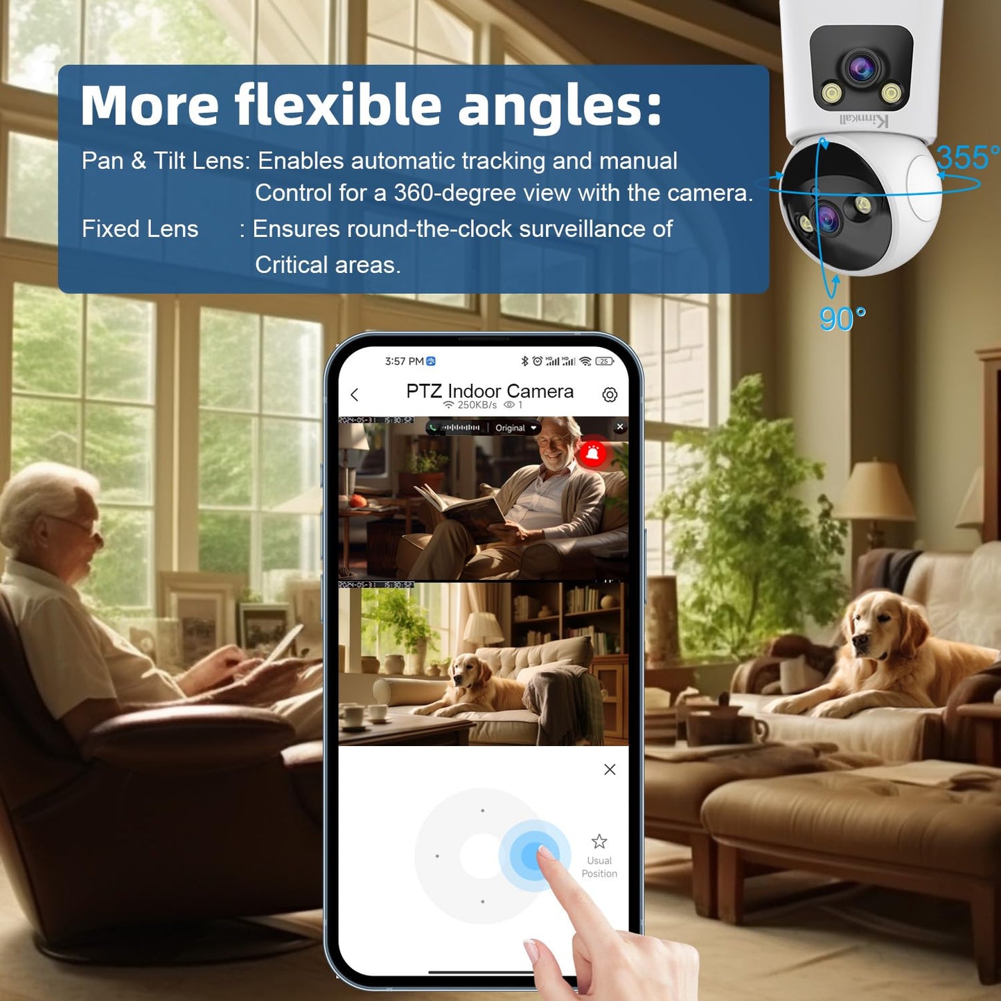 Kinnkall Indoor Security Camera 1.5" Display for Baby & Pet Monitoring, PTZ with Motion Tracking, Two-Way Audio, 24/7 Cloud/SD Storage, 2.4G WiFi
