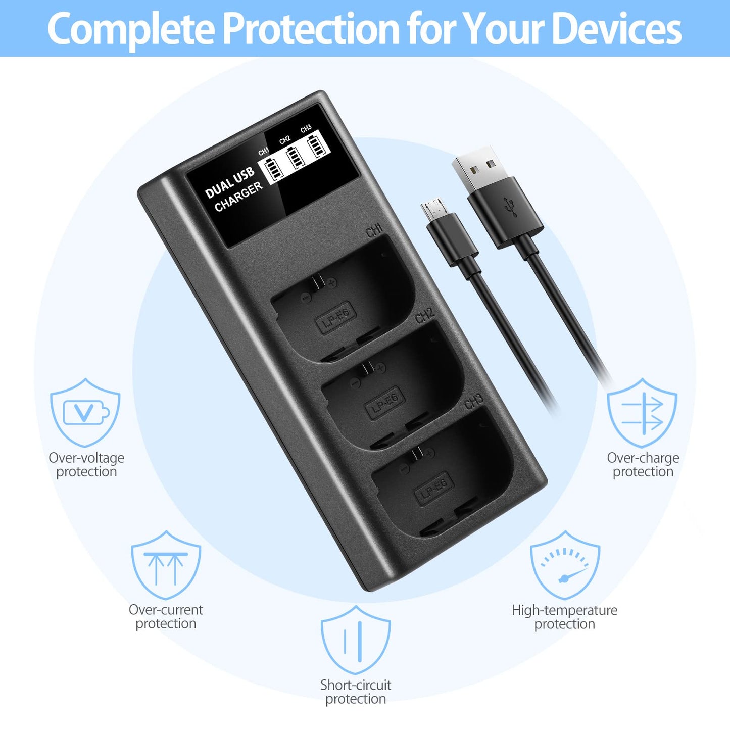 ENEGON LP-E6 LP-E6N LP-E6NH Triple Slot LCD USB Charger for Canon EOS 5D Mark II III and IV, 70D, 5Ds, 6D, 5DsR, 80D, 7D, and 7D Mark II, EOS 60D