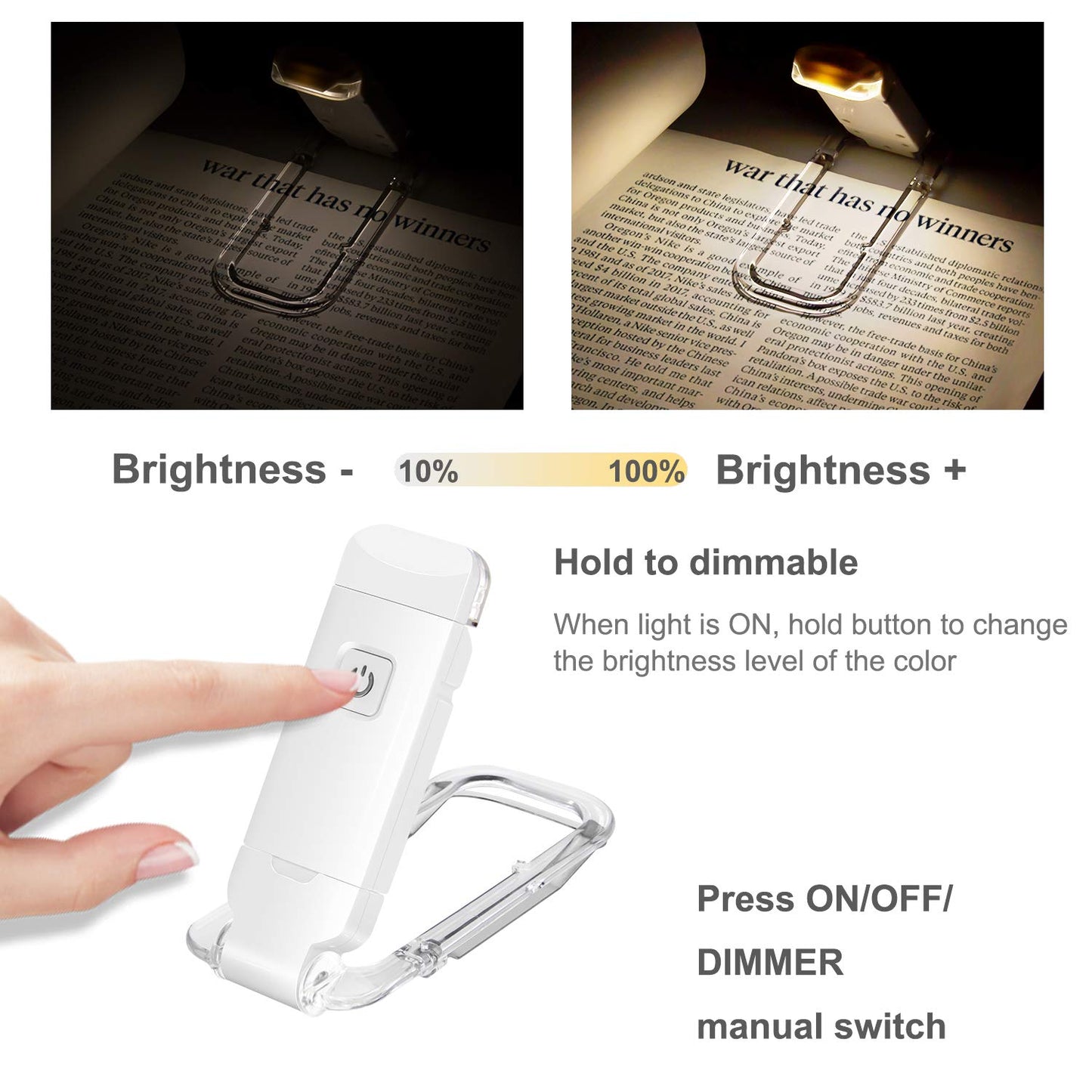 HONWELL Rechargeable Clip On LED Book Light, 3 Brightness Levels Dimmable Bookmark Light for Eye-Protection, Portable Reading Lamp for Bookworms