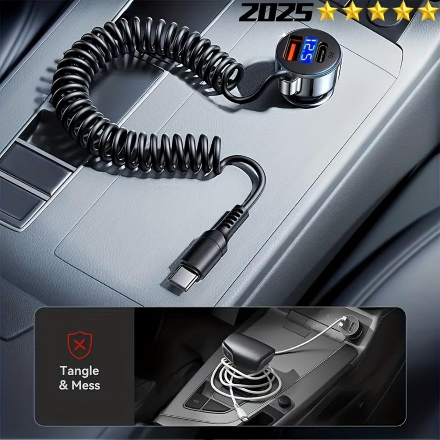 USB Type-C Fast Car Charger, Metal 3-Port Super Fast Charging Car Charger Adapter with PD & QC3.0, Built-in 6ft Type-C Cable, LED Display, Compatible