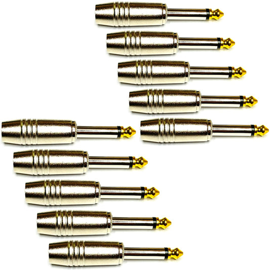 6.35mm 1/4 inch TS Mono Plug - Gold-Plated Tip, Olive-Shaped Matte Metal Housing, Solder Type, 12-Pack, Durable and Heavy-Duty for Audio Connections