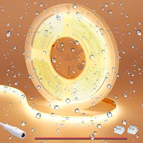 GOMING DC 12V COB LED Strip Light Warm White 3000K IP65 Waterproof 16.4ft(5M) 1560LEDs CRI 93+ Uniform Glow Flexible LED Tape Lights for DIY Bedroom