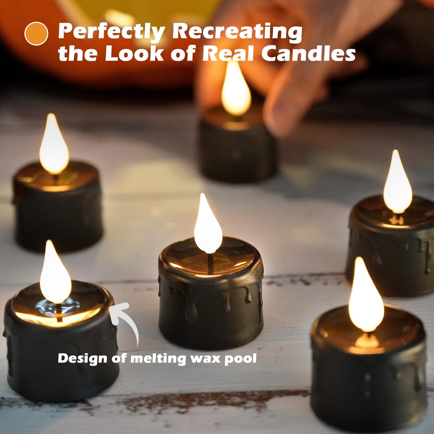 FPOO Halloween Black Tea Light Candles, 12 Packs Rechargeable LED Tea Lights, Small Pumpkins Lights Flameless Fake Candles, Electric Candle Halloween