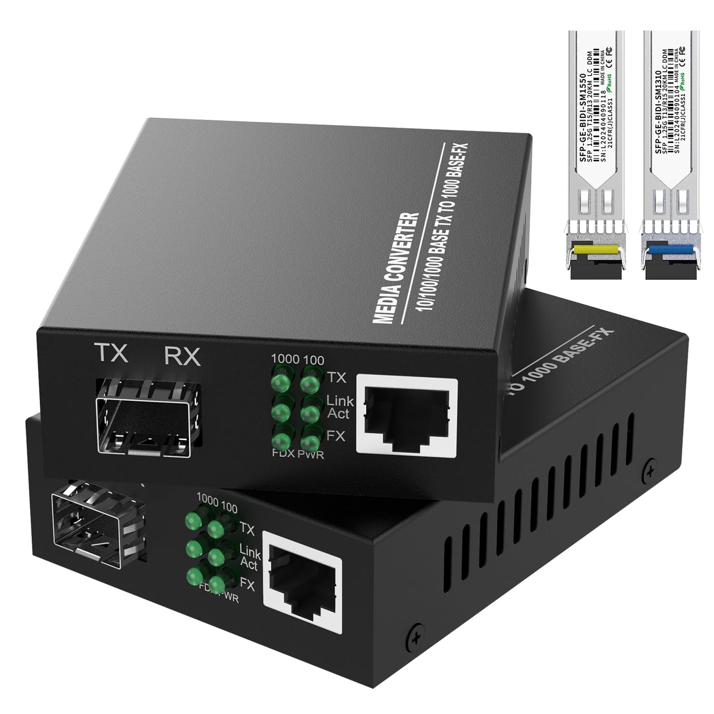 FTTPVIPS A Pair of 1.25G/s Bidi Gigabit Single-Mode Fiber Ethernet Media Converter with 2PCS Bidi SFP LC Transceiver Module Included