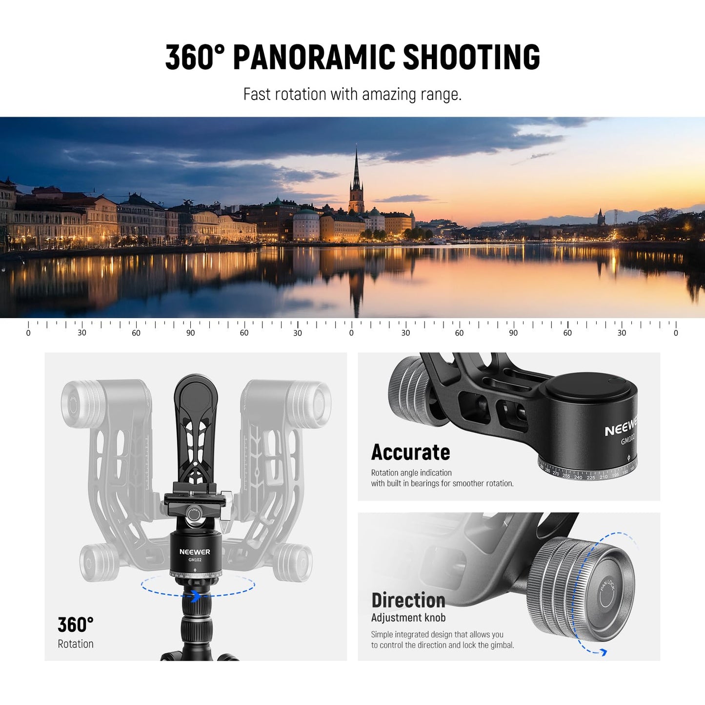 NEEWER GM102 Gimbal Head for Tripod Monopod Telephoto Lenses, 360° Panoramic Camera Tripod Head, 3 Axis Adjustment, Heavy Duty CNC Aluminum Alloy