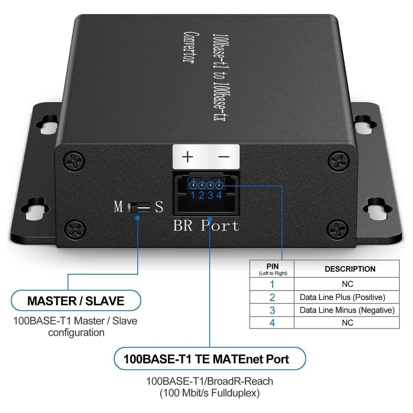 100BASE Ethernet Media Converter Device,Automotive-Grade, 2-Wire Ethernet BroadR-Reach(100BASE-T1) to Fast Ethernet (100BASE-TX) Automotive IEEE