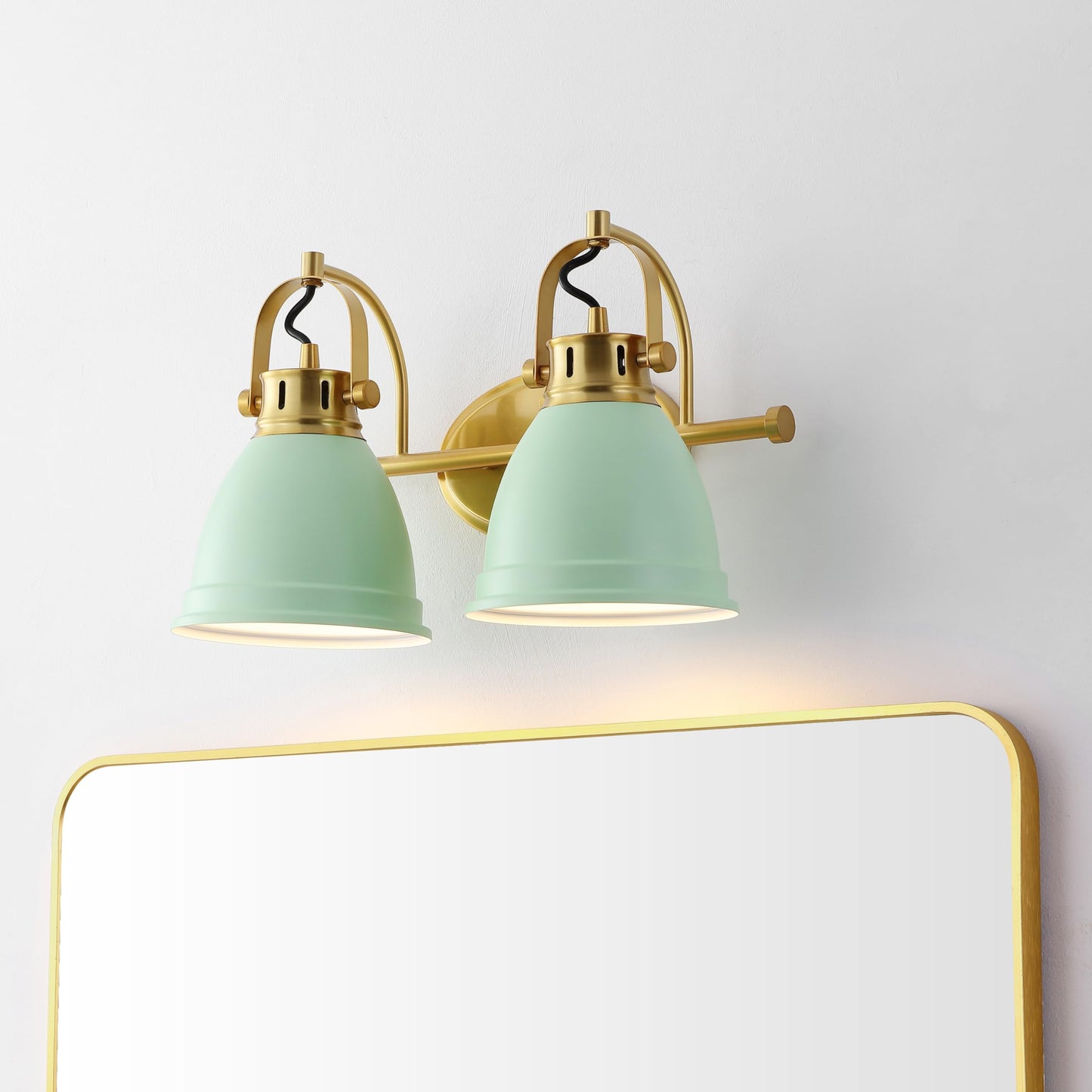 JONATHAN Y 16.25" Mint Green/Brass Gold 2-Light LED Vanity Light, Adjustable Wall Sconce for Bathroom Mirror, Farmhouse Bohemian Kitchen Light, Iron